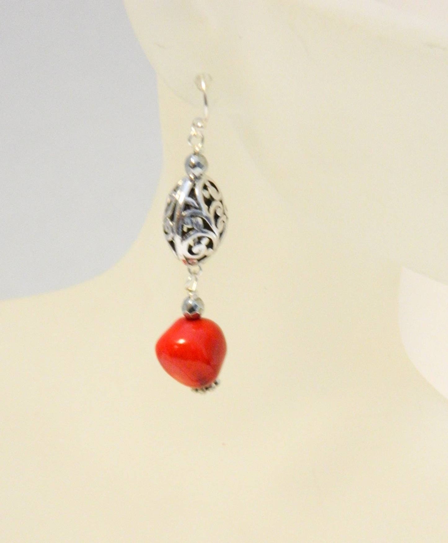 Earrings, Coral Red Glass Nugget Beads, Silver Plated Fancy Beads, Silver Plated Earwires, Dangle Earrings, Fancy Earrings, Colorful Trending Earrings