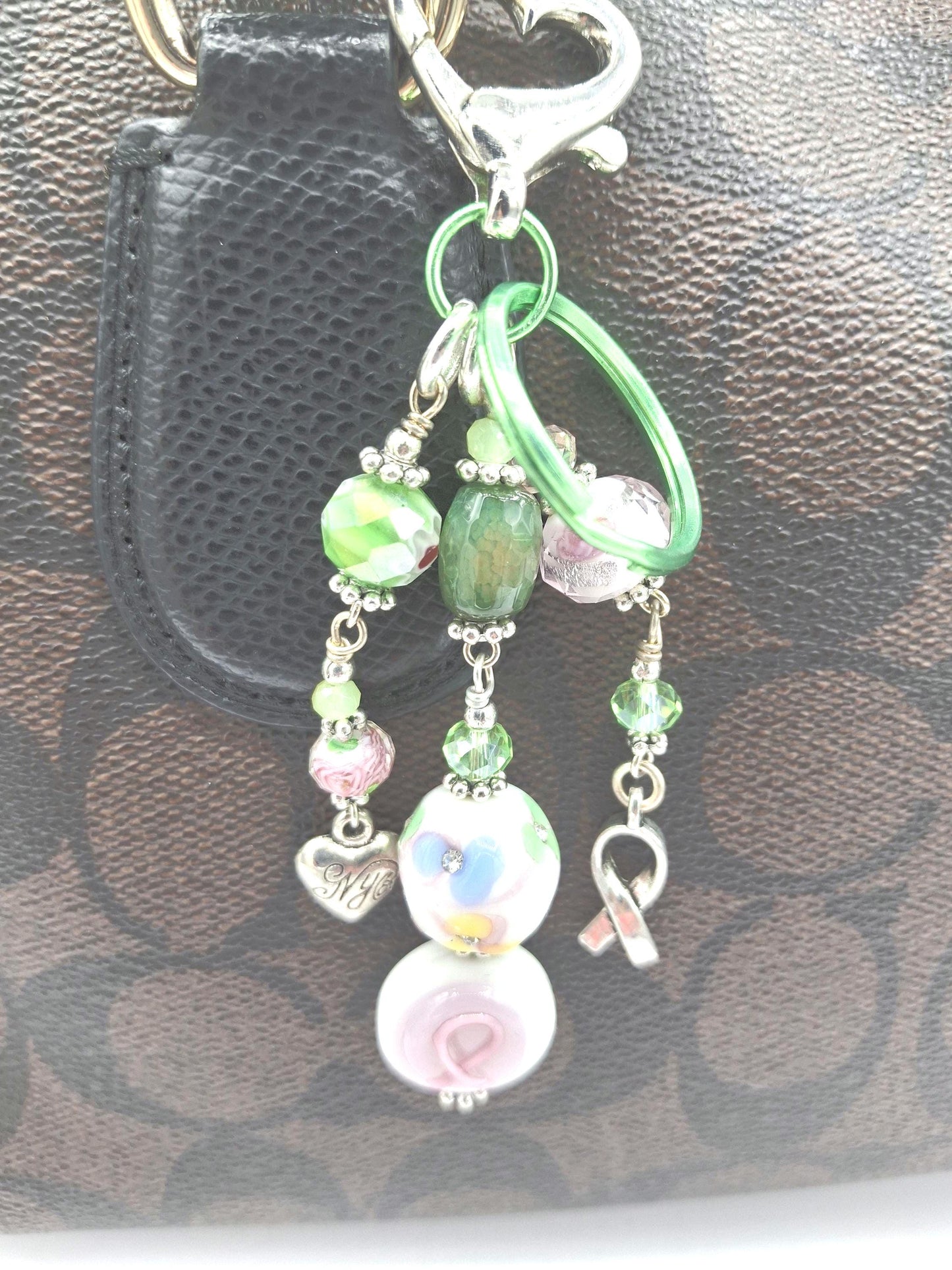 Whimsical, Green and pink beaded Heart Charm, Candy Colors Key Chain, Purse Charm