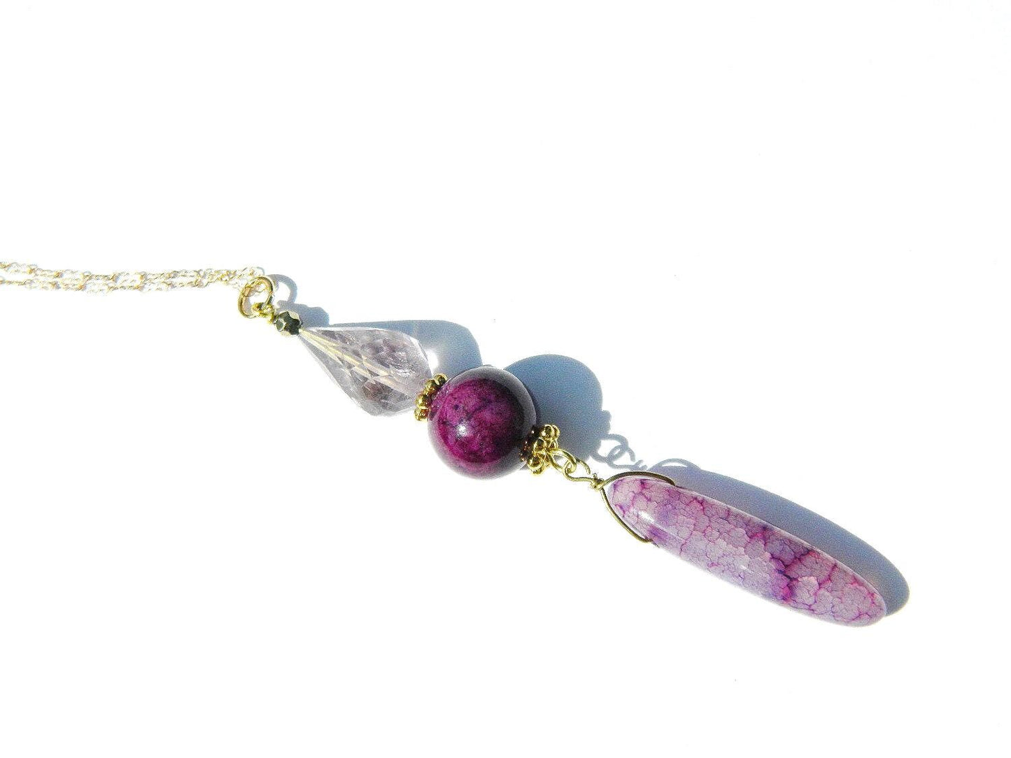 Faceted Teardrop Crystal Pendant Necklace and and a ceramic plum colored Bead, Translucent Agate tube Pendant, Gold-Filled Crinkle Chain