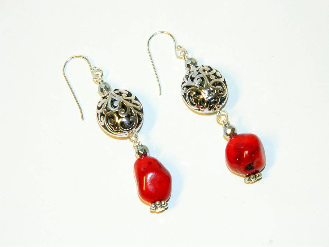 Earrings, Coral Red Glass Nugget Beads, Silver Plated Fancy Beads, Silver Plated Earwires, Dangle Earrings, Fancy Earrings, Colorful Trending Earrings
