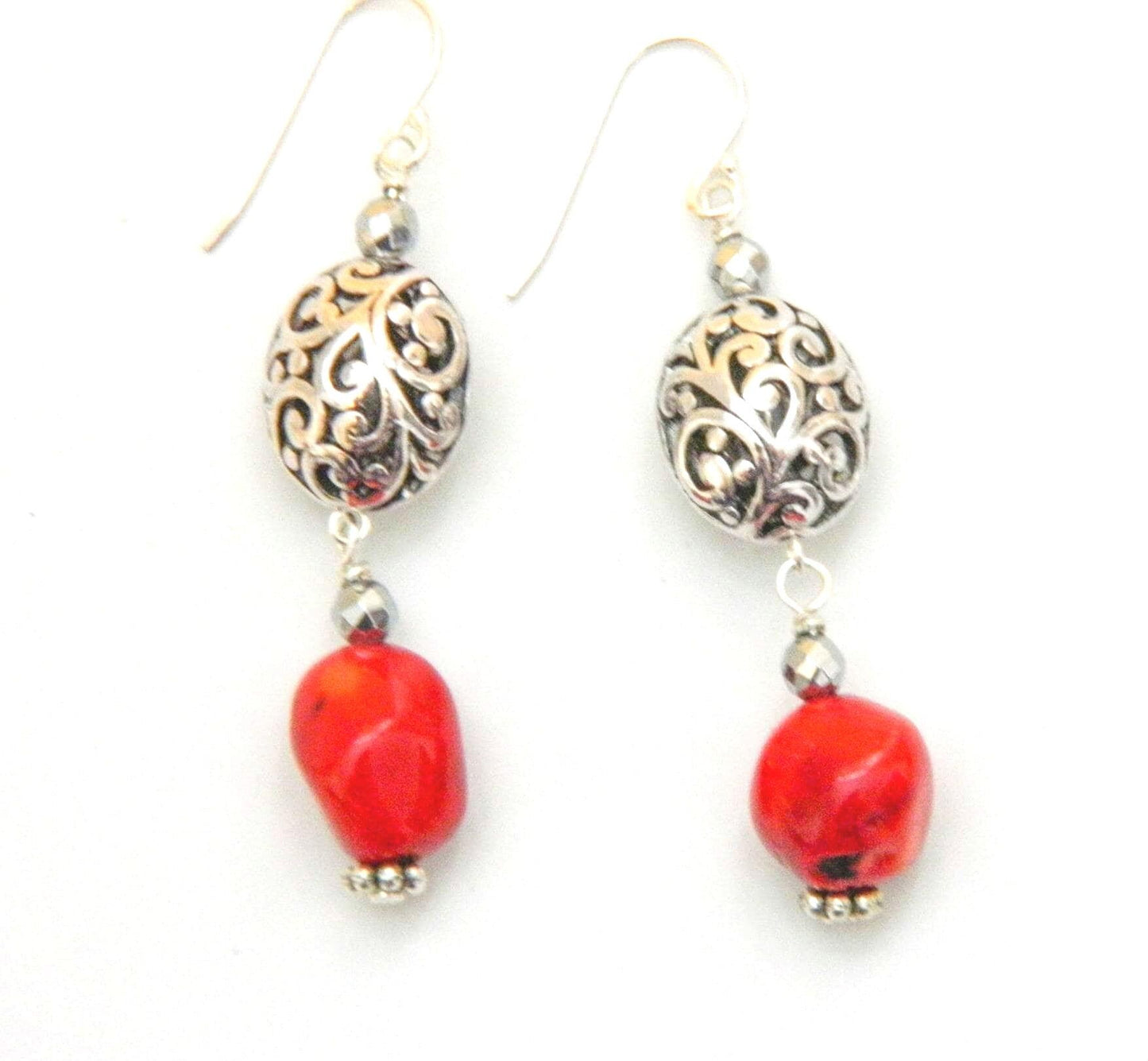 Earrings, Coral Red Glass Nugget Beads, Silver Plated Fancy Beads, Silver Plated Earwires, Dangle Earrings, Fancy Earrings, Colorful Trending Earrings