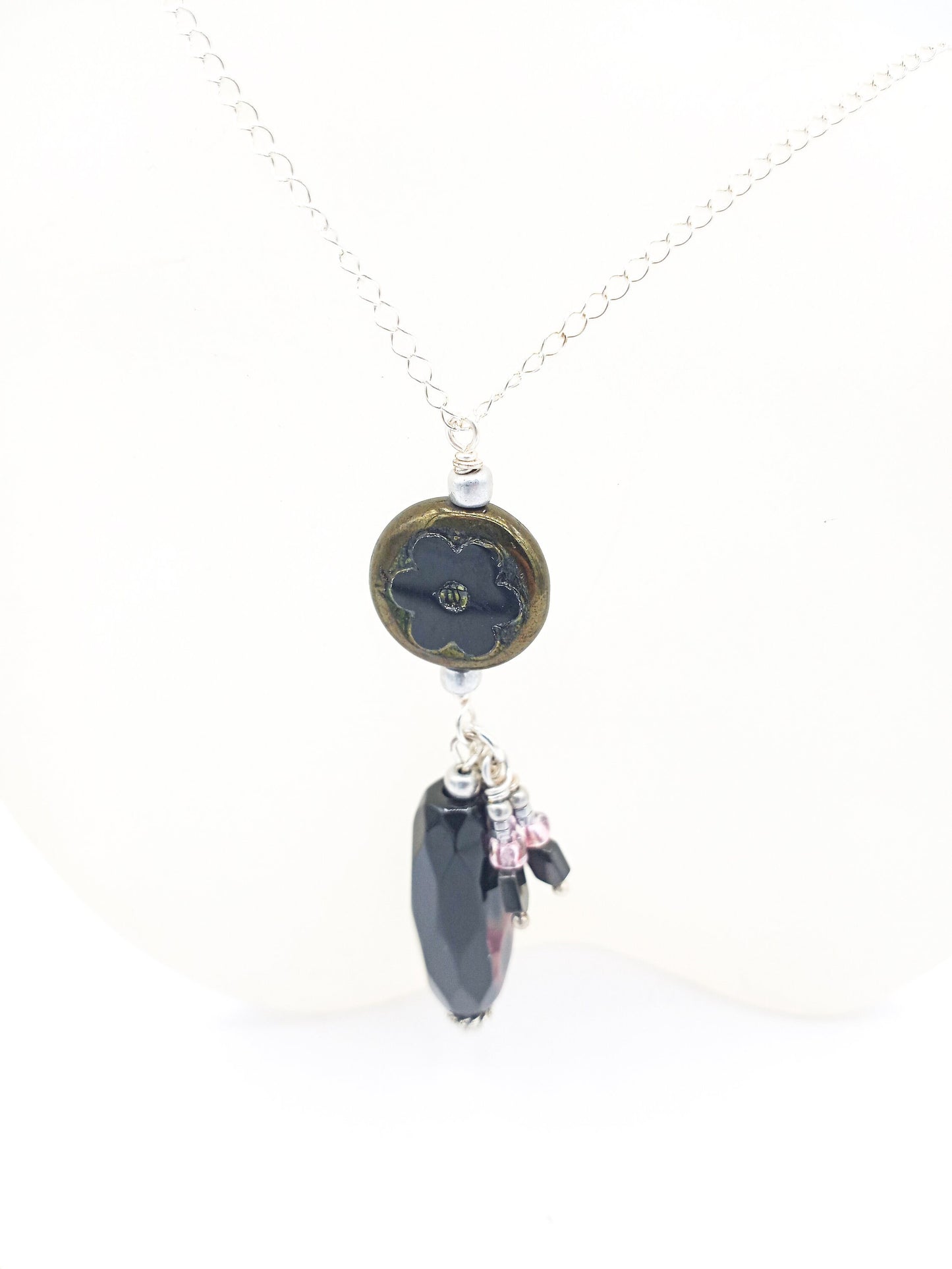 Necklace NK Jet Black Czech Pendant with a Faceted Jet Black tubular gemstone and accent drops surrounded on pendant on a Sterling Silver Chain