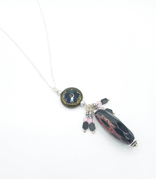 Necklace NK Jet Black Czech Pendant with a Faceted Jet Black tubular gemstone and accent drops surrounded on pendant on a Sterling Silver Chain