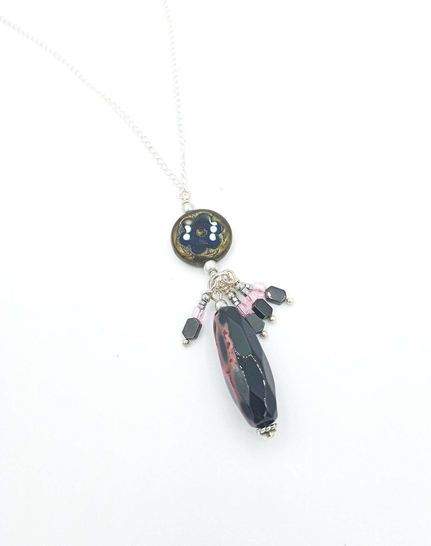 Necklace NK Jet Black Czech Pendant with a Faceted Jet Black tubular gemstone and accent drops surrounded on pendant on a Sterling Silver Chain