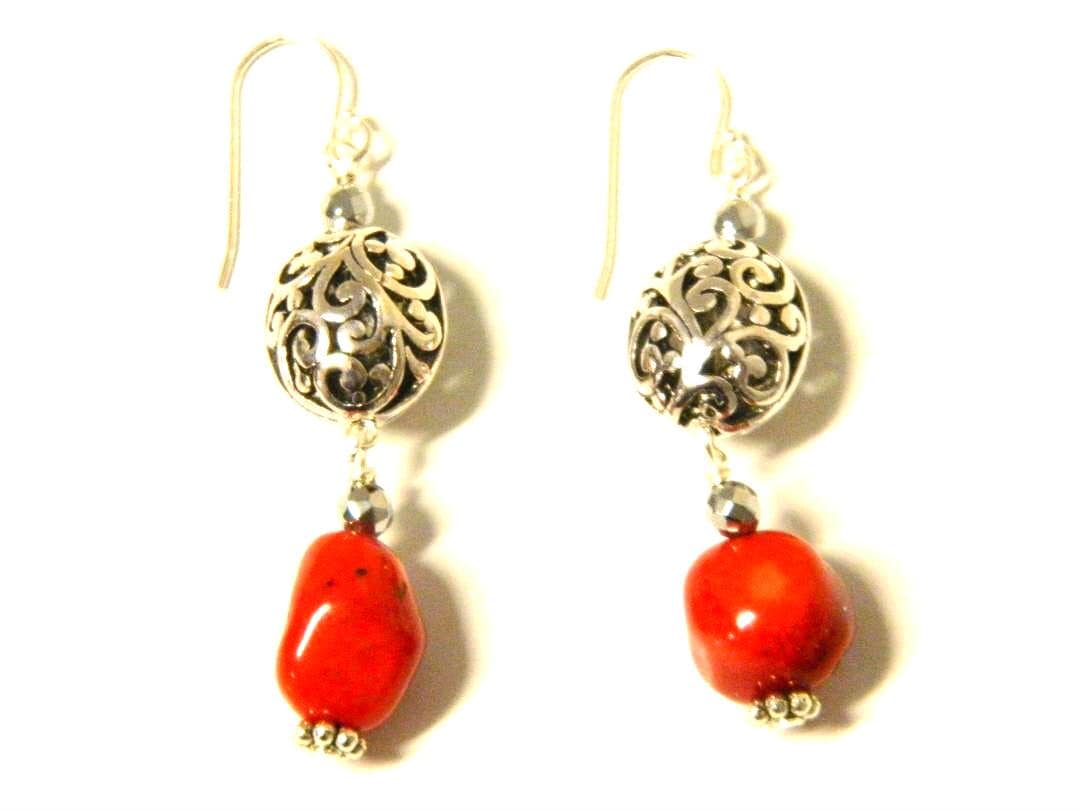 Earrings, Coral Red Glass Nugget Beads, Silver Plated Fancy Beads, Silver Plated Earwires, Dangle Earrings, Fancy Earrings, Colorful Trending Earrings