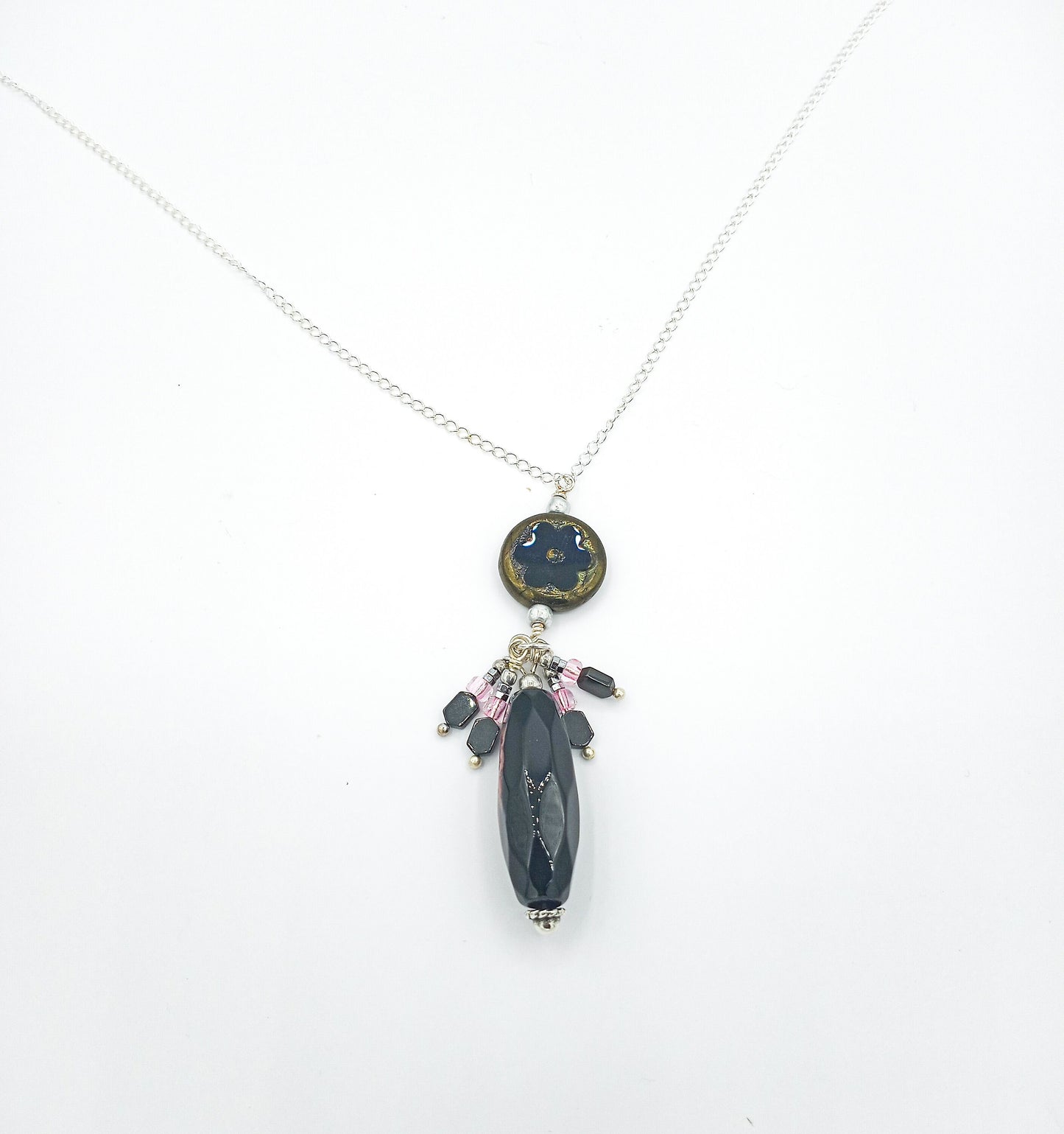 Necklace NK Jet Black Czech Pendant with a Faceted Jet Black tubular gemstone and accent drops surrounded on pendant on a Sterling Silver Chain