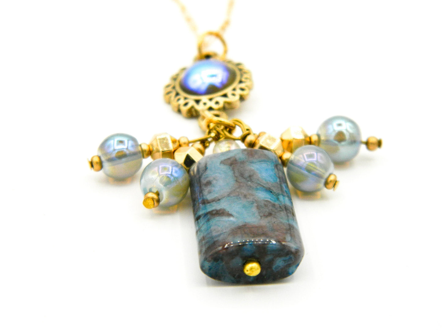 Necklace Nk Dark Blue Agate Pendant Necklace in Gold filled