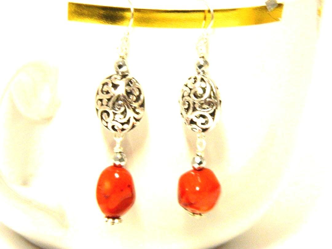 Earrings, Coral Red Glass Nugget Beads, Silver Plated Fancy Beads, Silver Plated Earwires, Dangle Earrings, Fancy Earrings, Colorful Trending Earrings