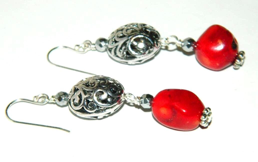 Earrings, Coral Red Glass Nugget Beads, Silver Plated Fancy Beads, Silver Plated Earwires, Dangle Earrings, Fancy Earrings, Colorful Trending Earrings