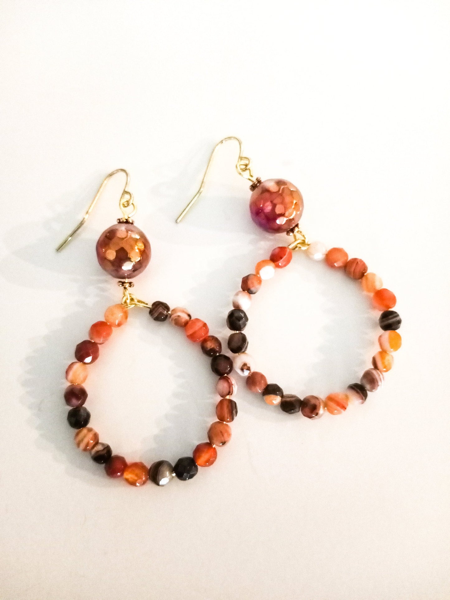 Hoop earrings, Natural Carnelian faceted beaded earrings, handcrafted