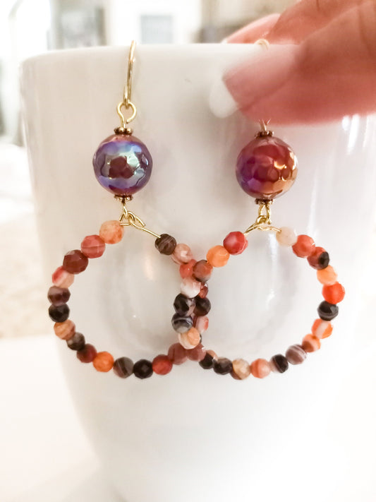 Hoop earrings, Natural Carnelian faceted beaded earrings, handcrafted