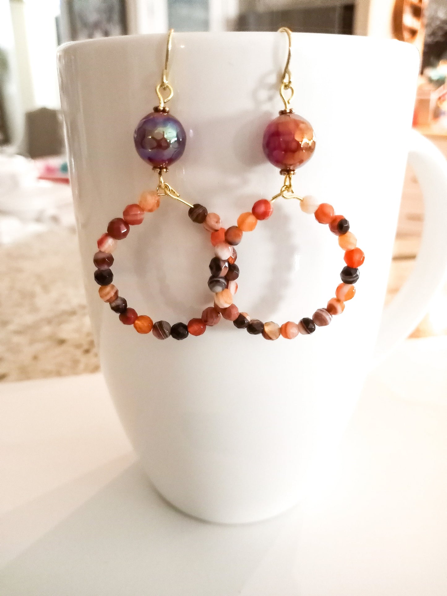 Hoop earrings, Natural Carnelian faceted beaded earrings, handcrafted