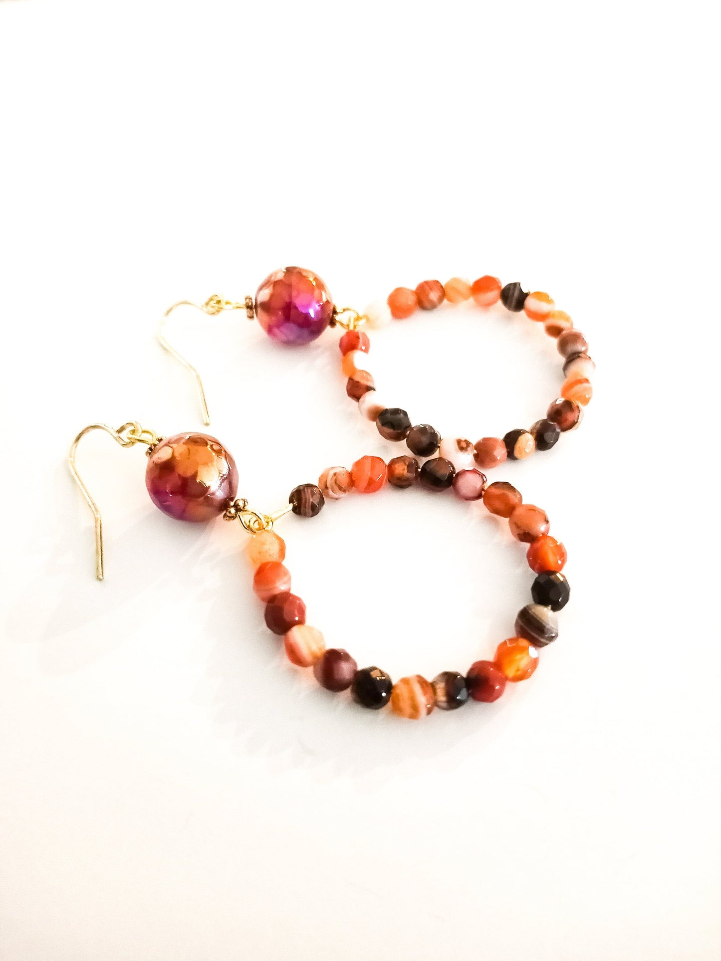 Hoop earrings, Natural Carnelian faceted beaded earrings, handcrafted