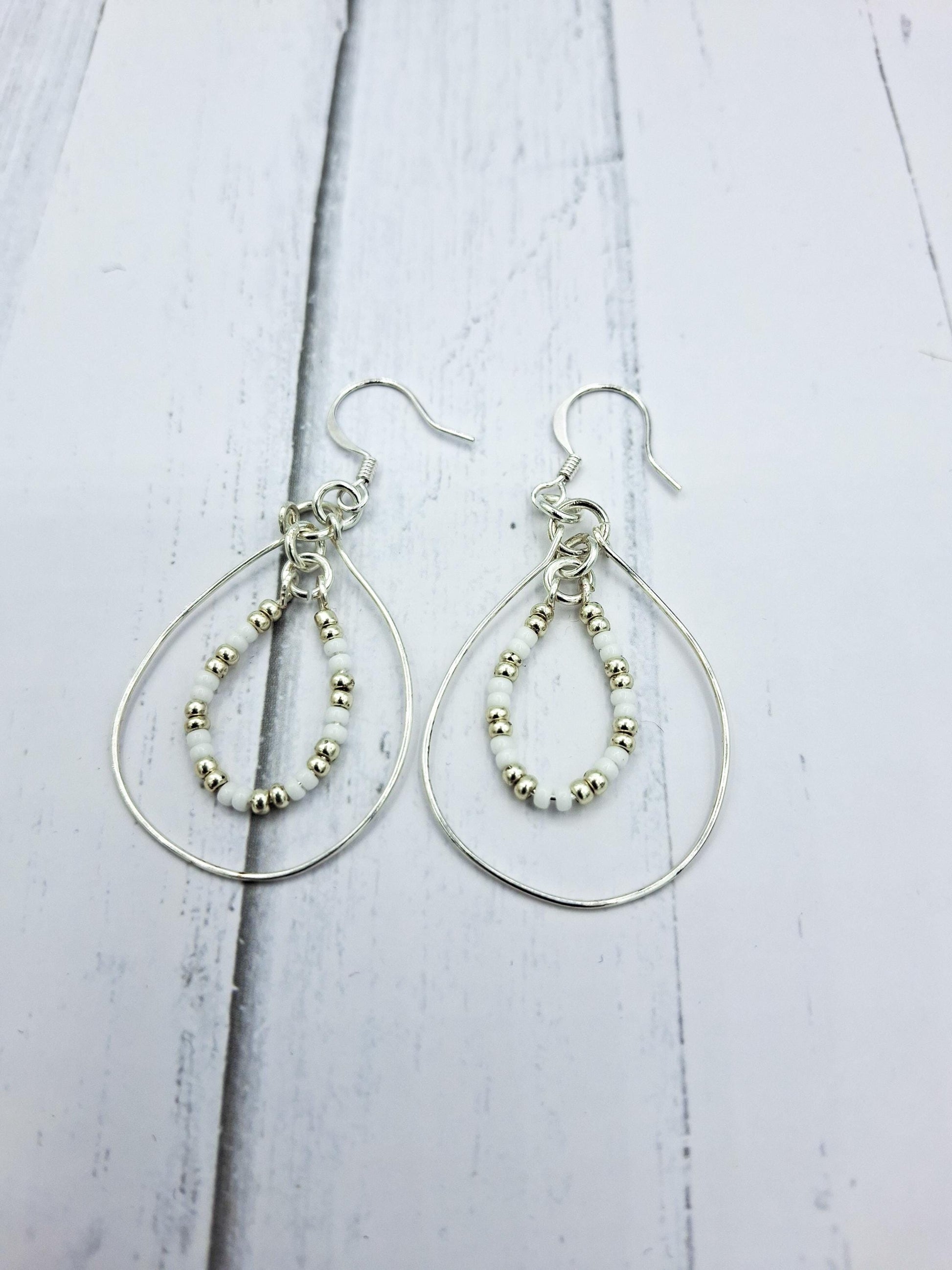 Nk Silver Double Hoop Earrings, white & silver seed beads