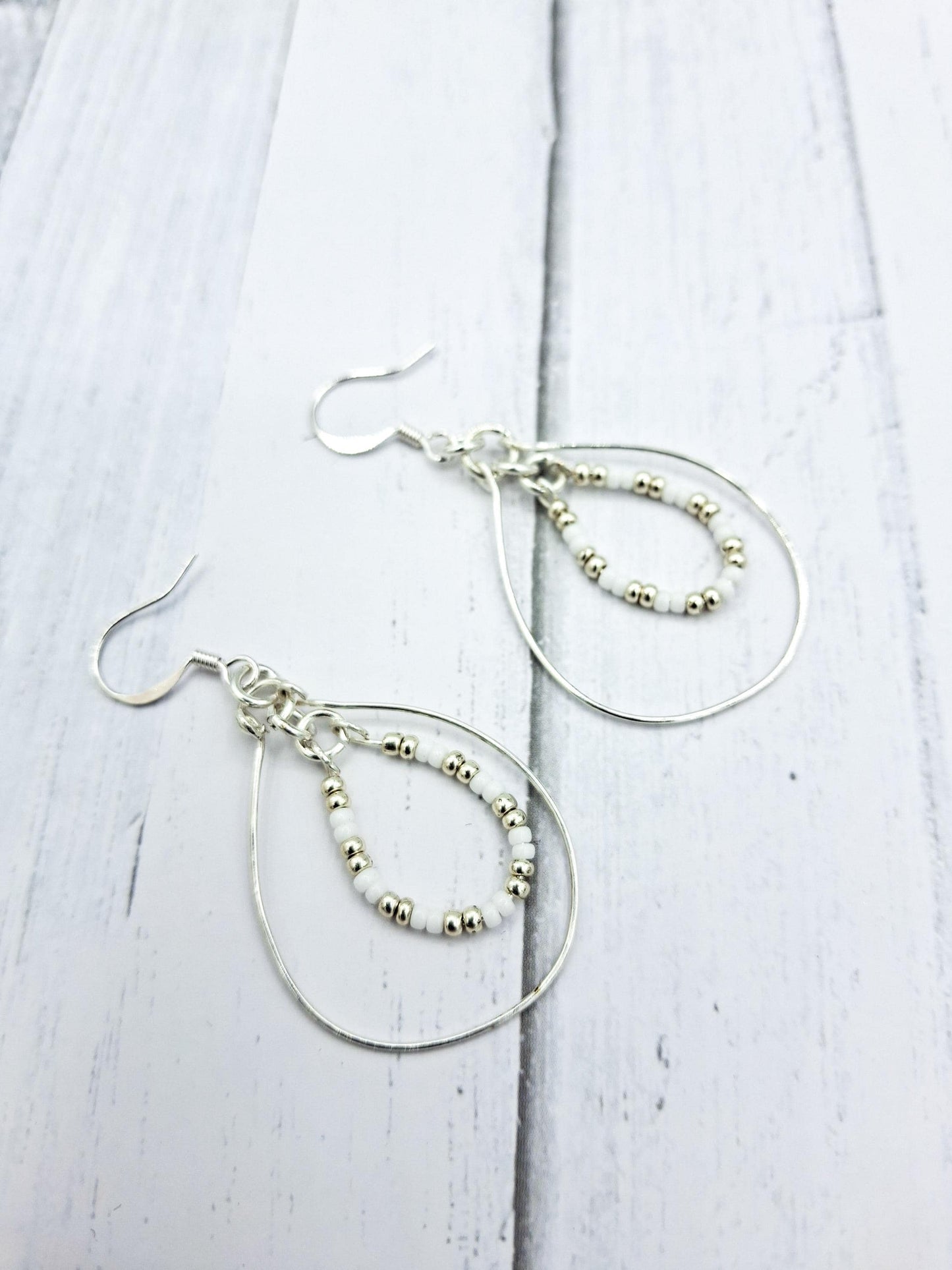 Nk Silver Double Hoop Earrings, white & silver seed beads