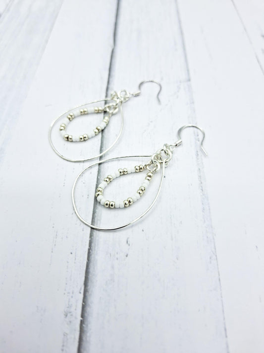 Nk Silver Double Hoop Earrings, white & silver seed beads
