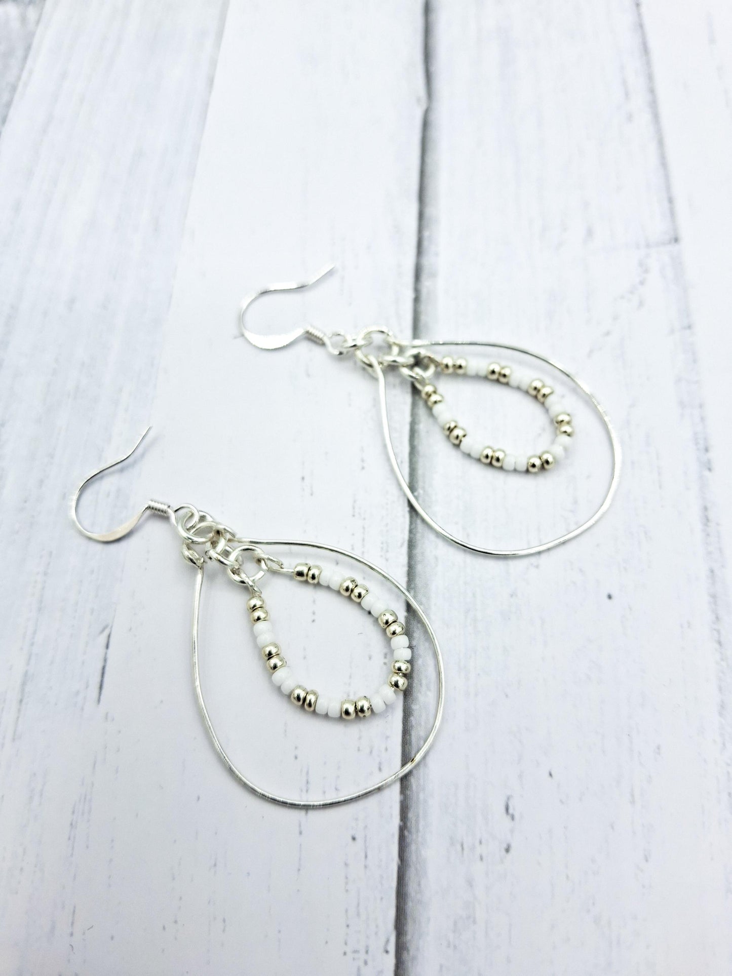 Nk Silver Double Hoop Earrings, white & silver seed beads