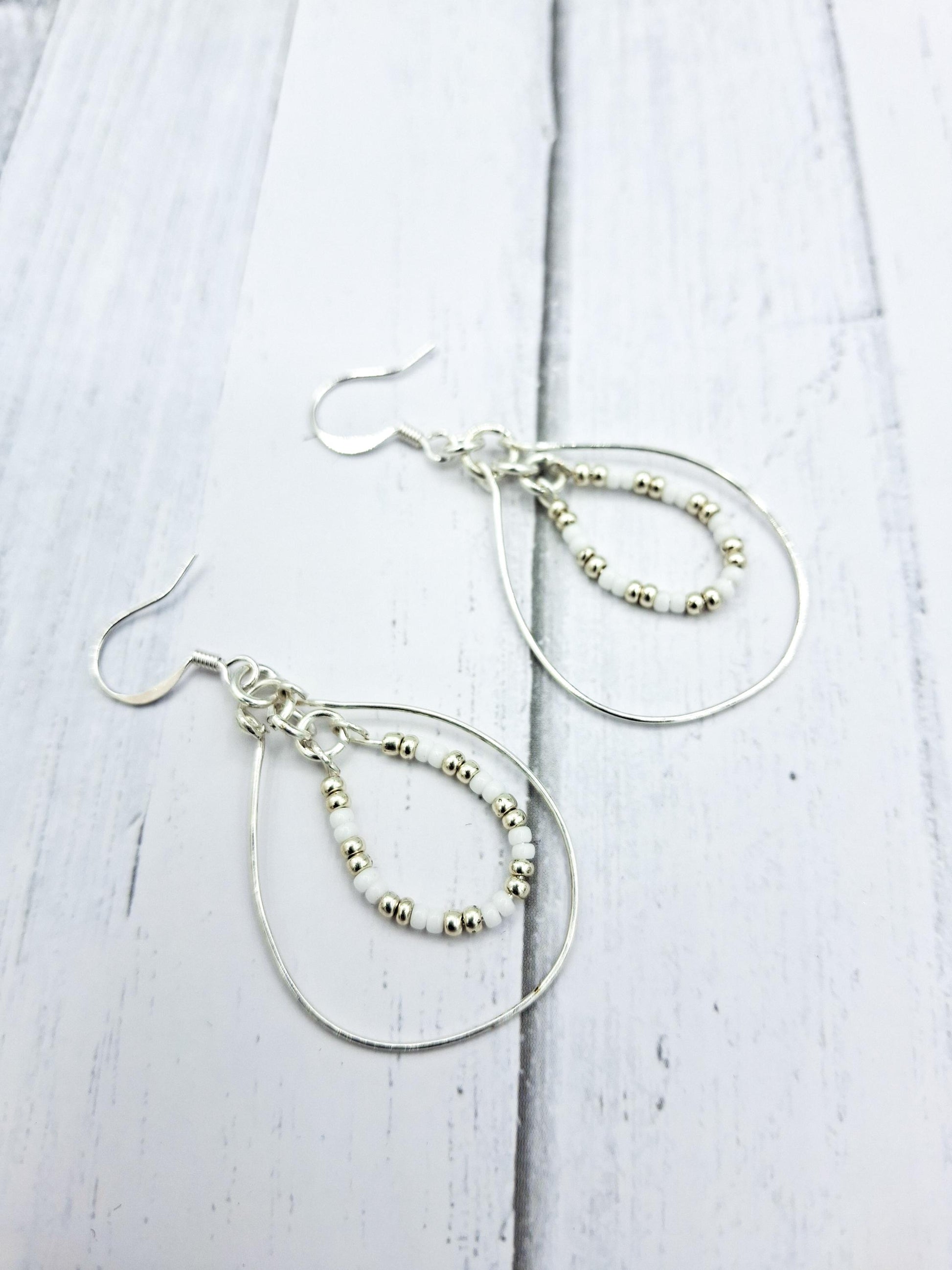 Nk Silver Double Hoop Earrings, white & silver seed beads