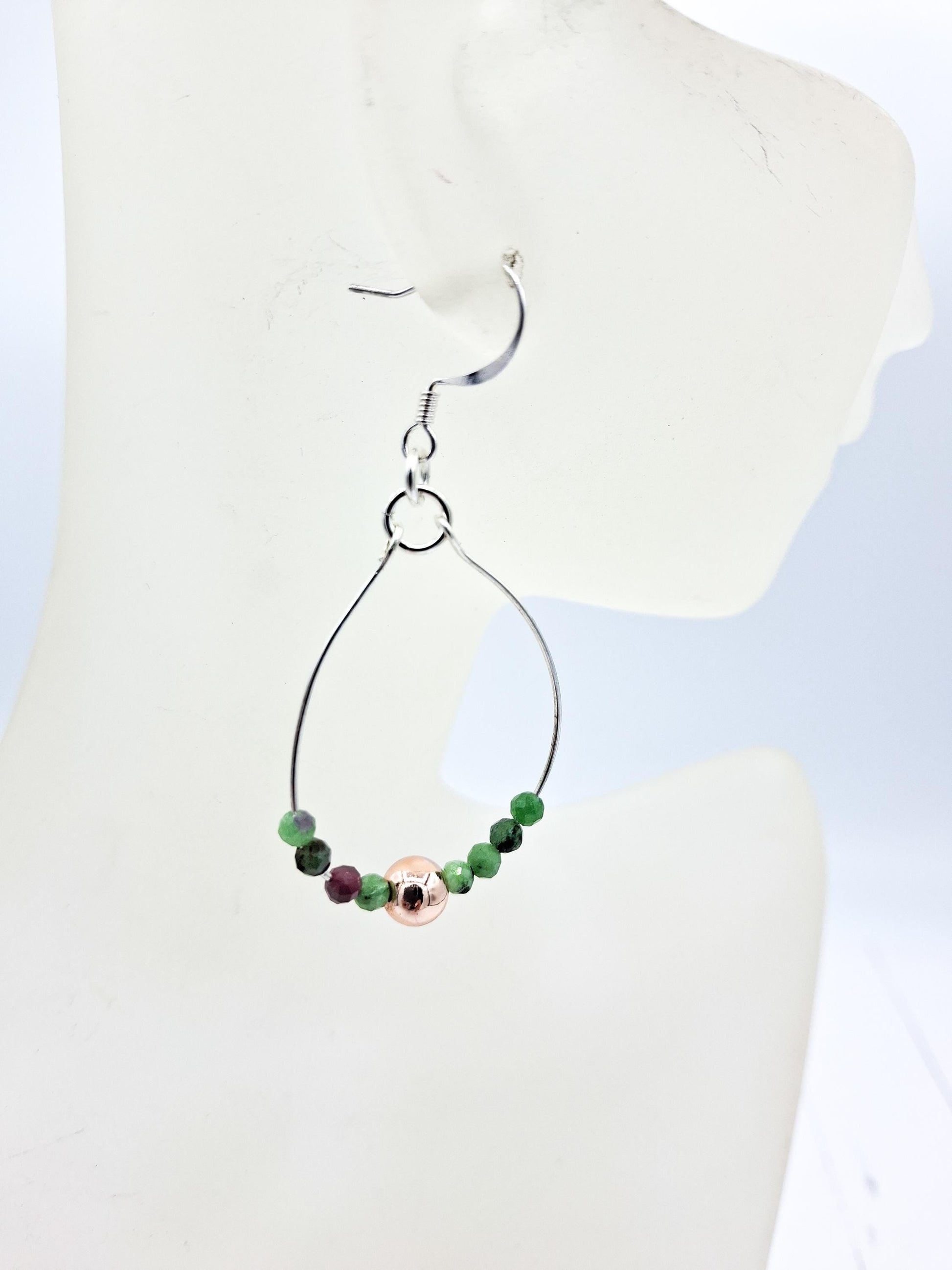 Nk Silver Hoop Earrings, faceted tourmaline beads, with a single copper colored bead