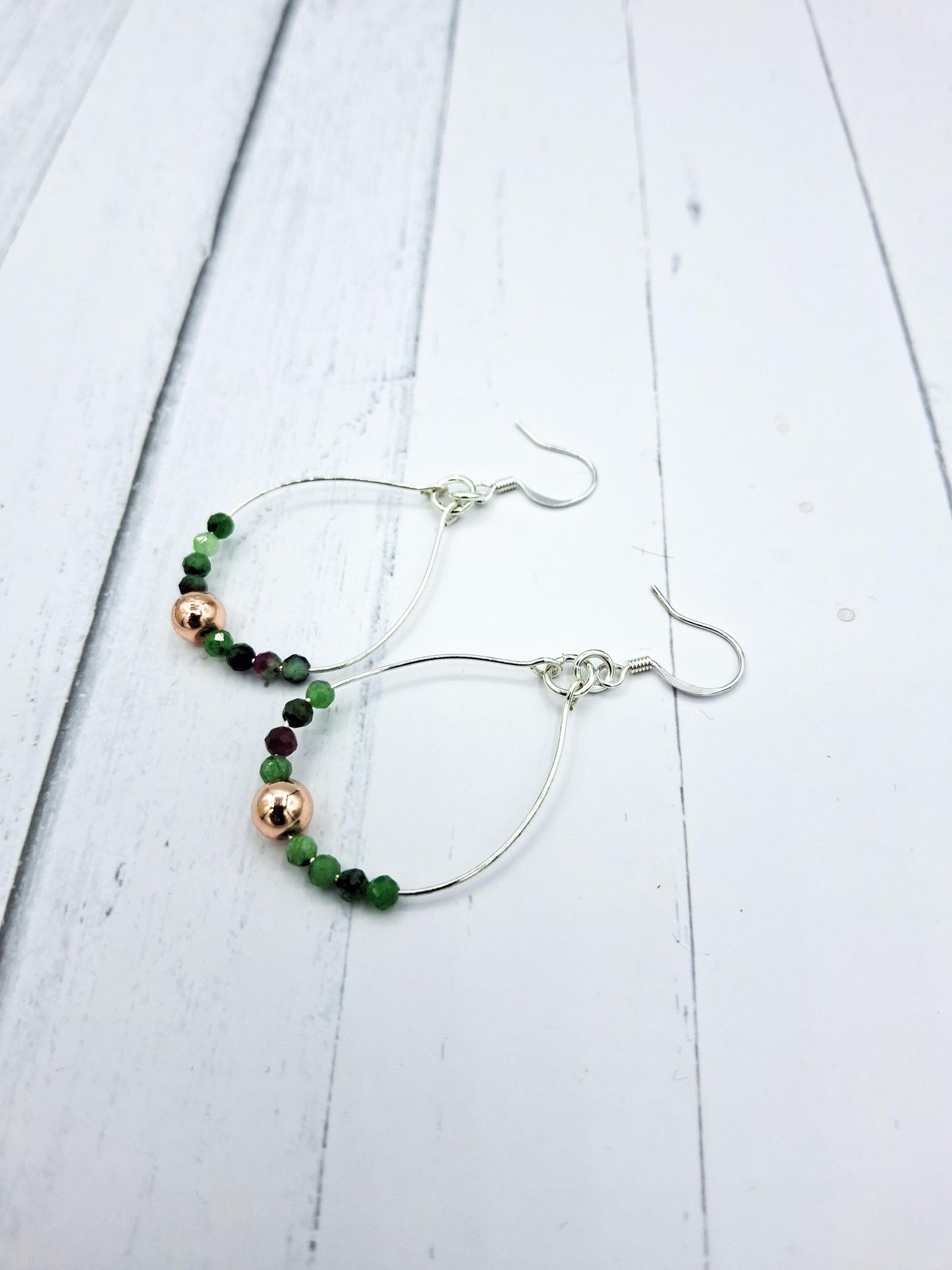 Nk Silver Hoop Earrings, faceted tourmaline beads, with a single copper colored bead