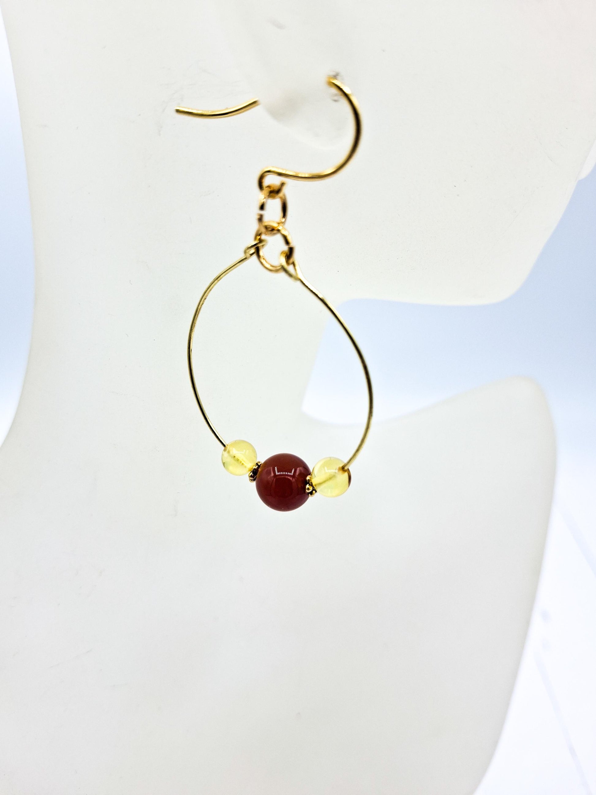 Hoop Gold Earrings, Nickel Free - Brass, simple, Amber and Carnelian beads for the Holidays!