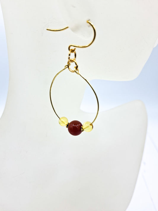 Hoop Gold Earrings, Nickel Free - Brass, simple, Amber and Carnelian beads for the Holidays!