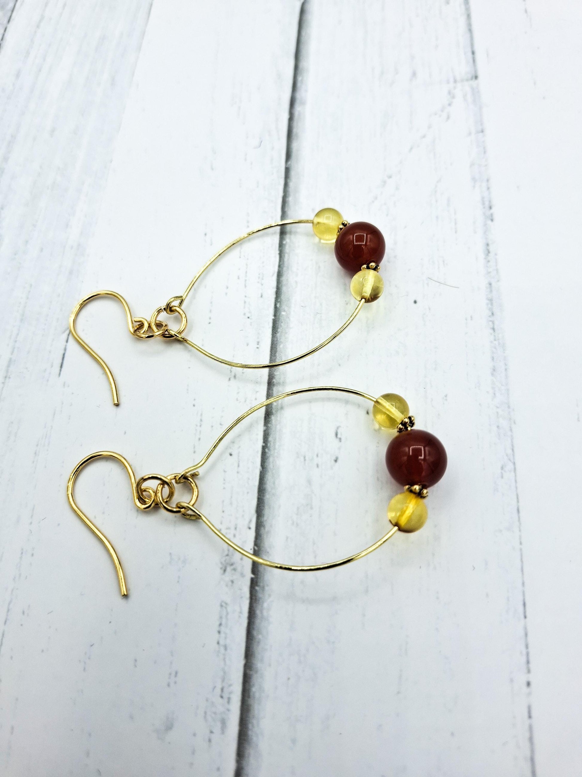 Nk Gold Nickel Free Brass Hoop Earrings, with Amber & Carnelian beads