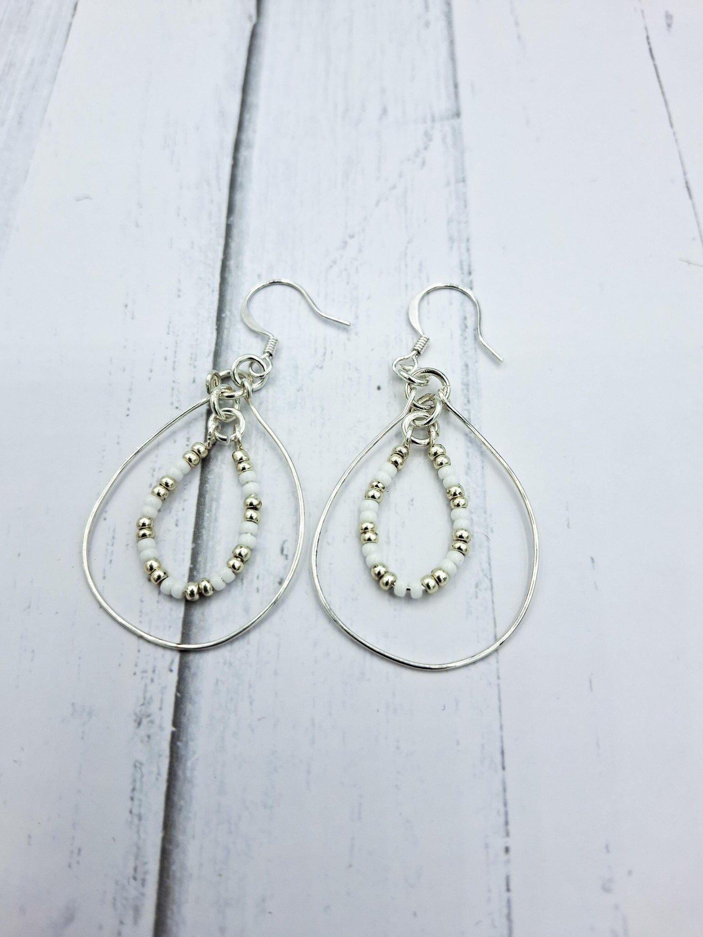 Nk Silver Double Hoop Earrings, white & silver seed beads