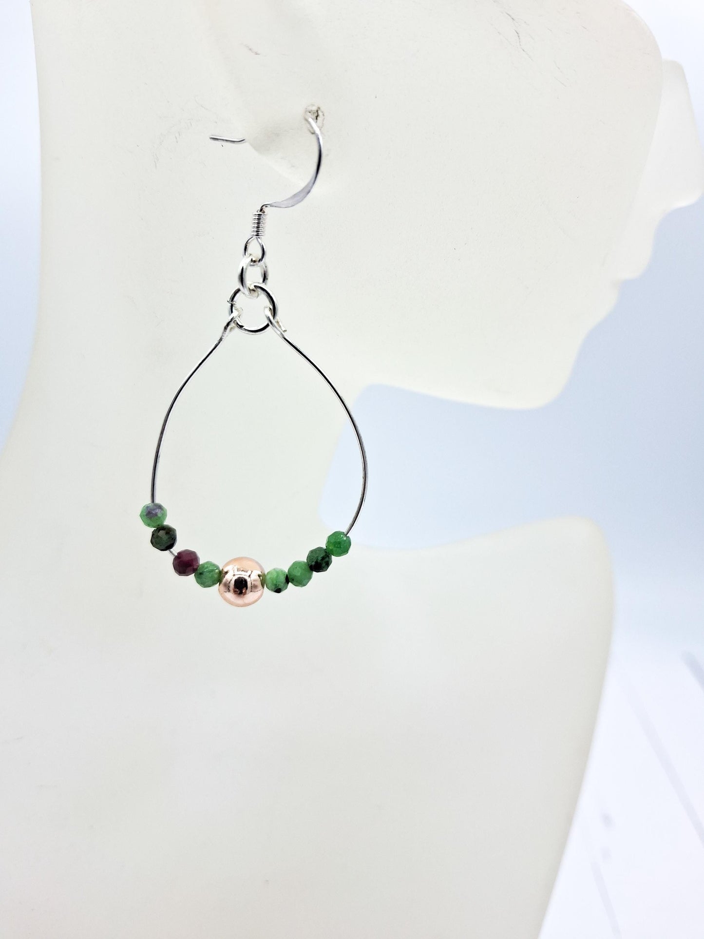 Nk Silver Hoop Earrings, faceted tourmaline beads, with a single copper colored bead