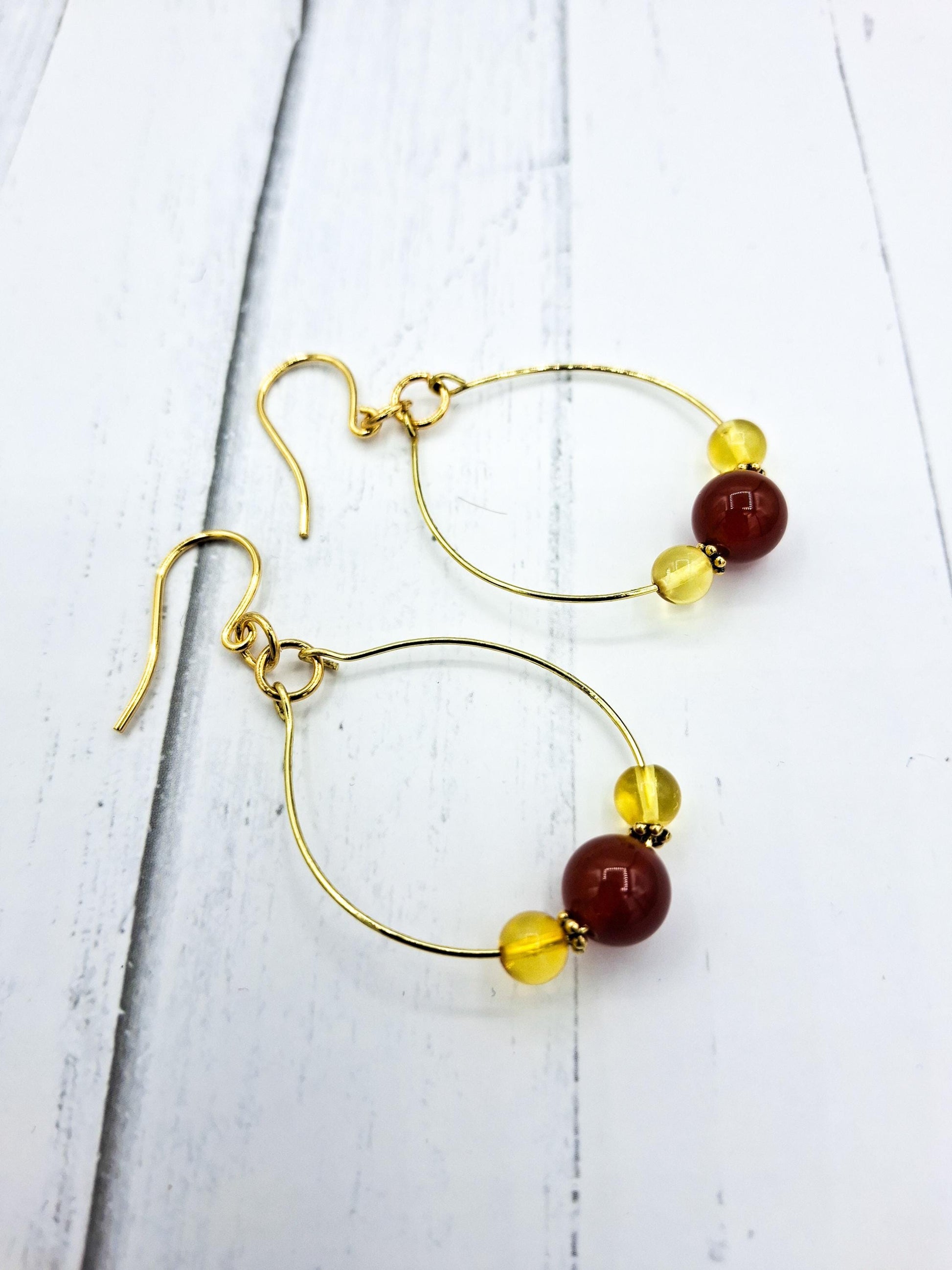 Nk Gold Nickel Free Brass Hoop Earrings, with Amber & Carnelian beads
