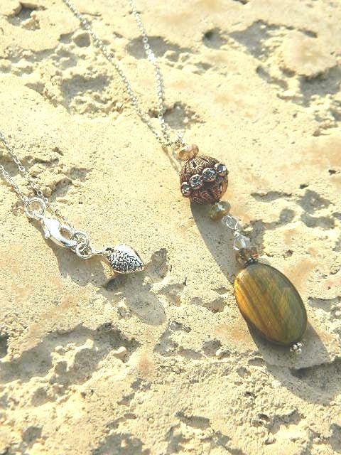 Oval Smooth Tiger Eye Pendant, Bronze Metal accent with Crystals, Sterling silver curb chain, Fashionable Necklace, Trending Necklace