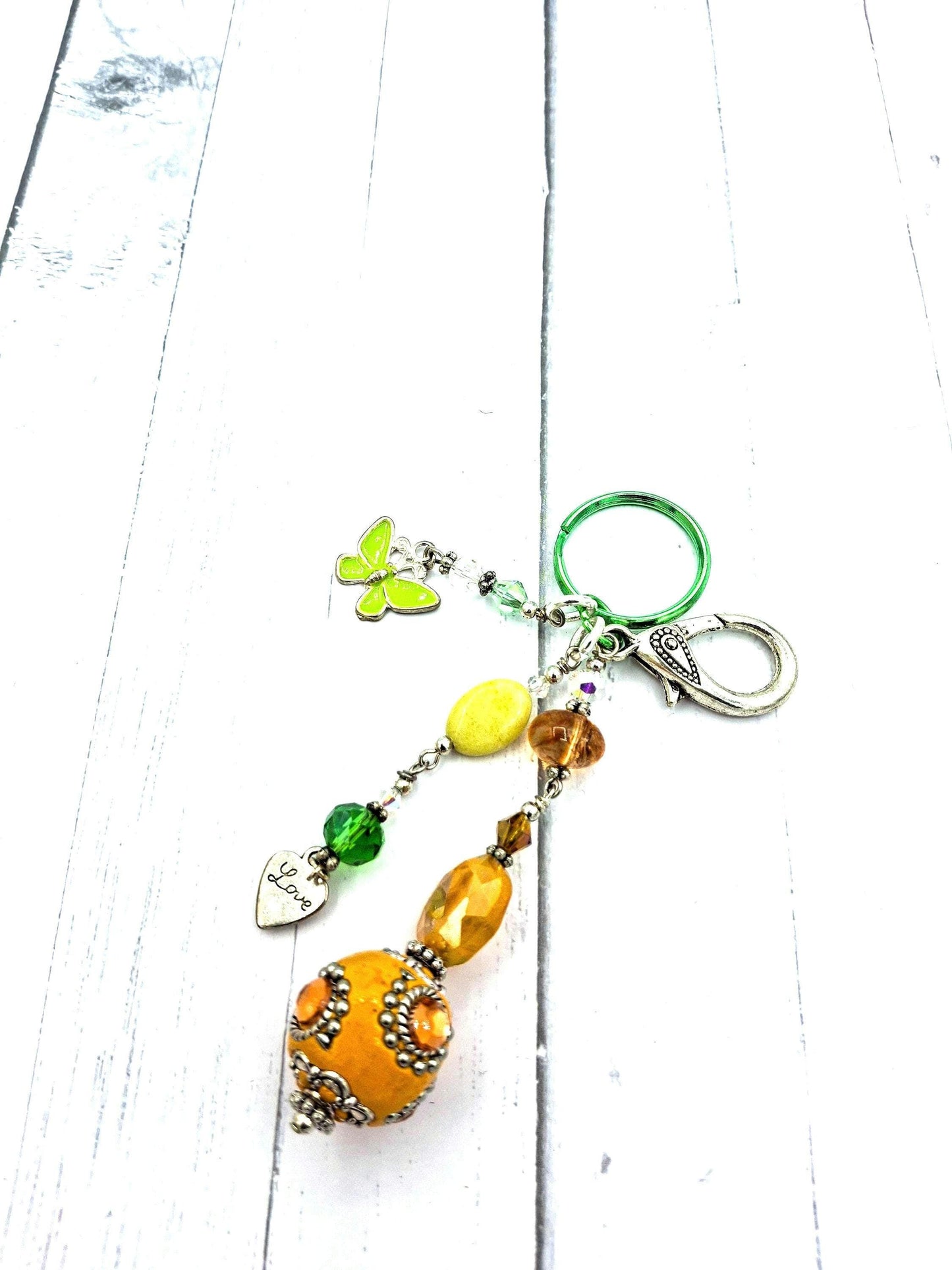 Whimsical, Orange, green and pink beaded Butterfly, Key Chain, Purse Charm