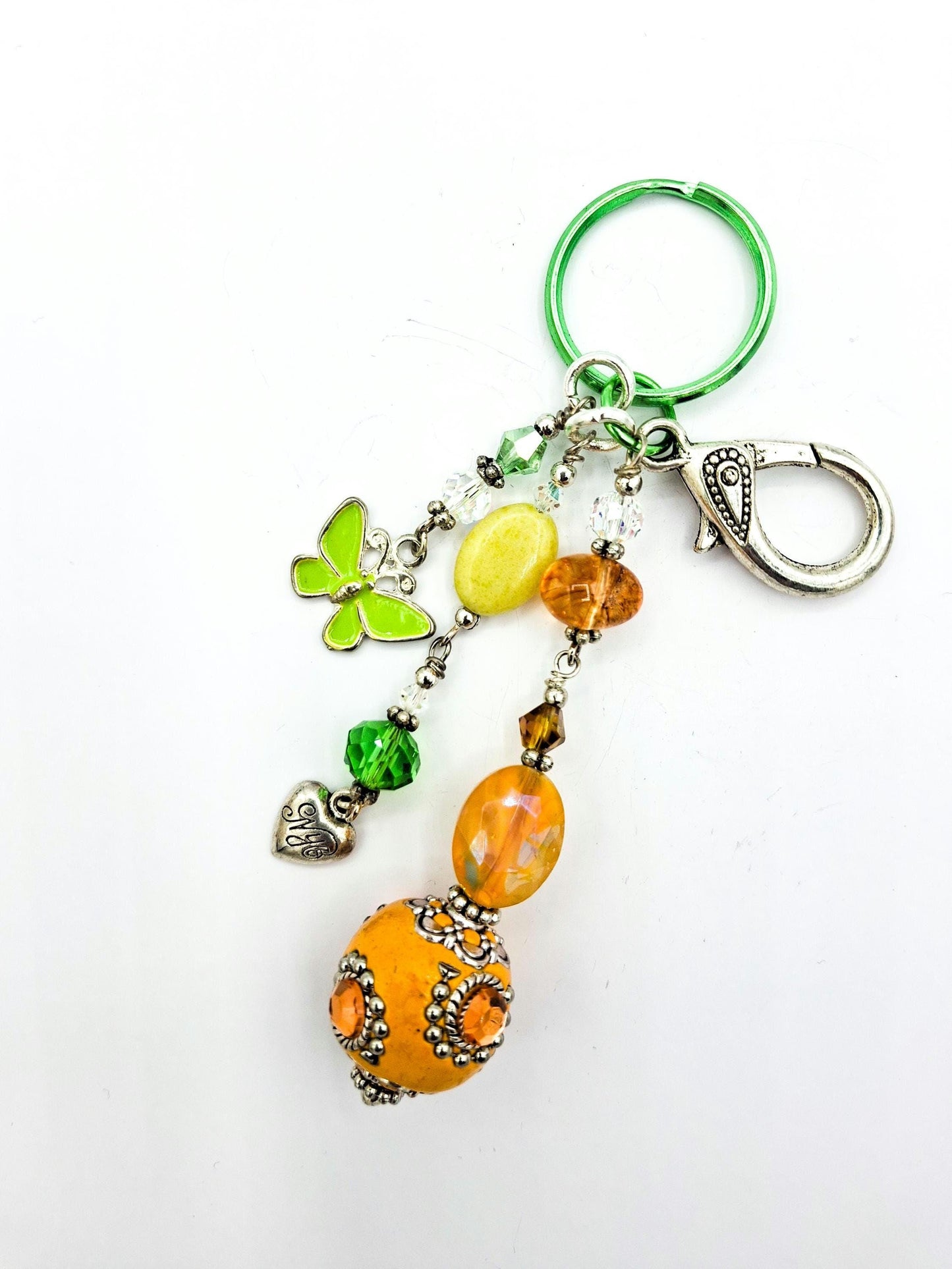 Whimsical, Orange, green and pink beaded Butterfly, Key Chain, Purse Charm