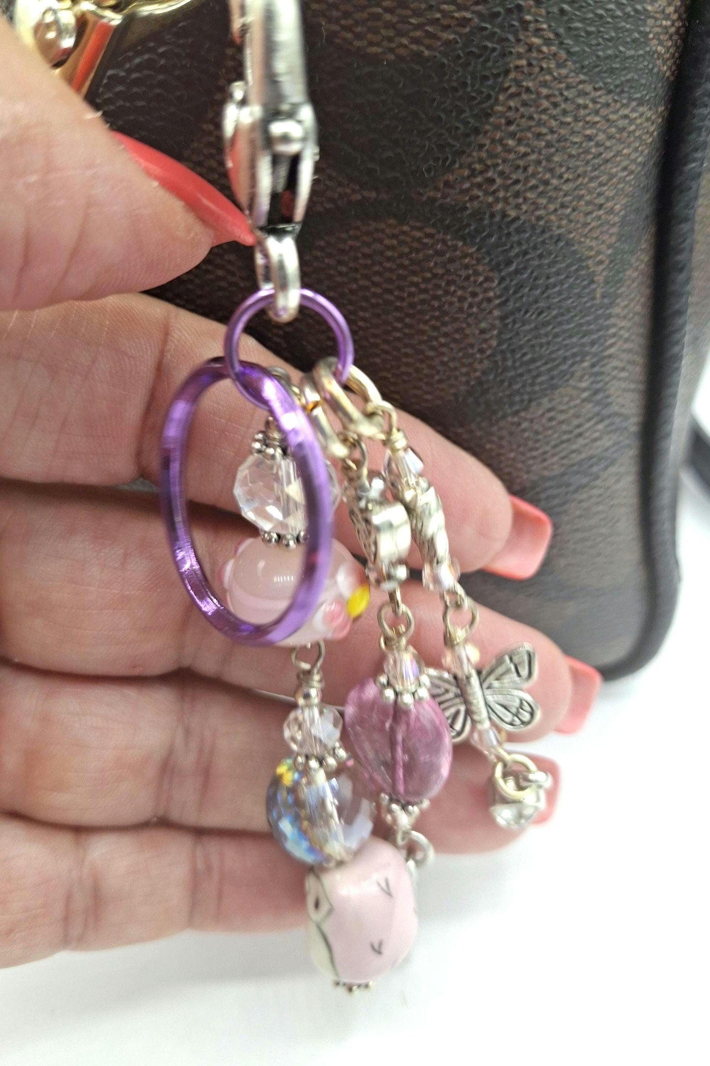 Whimsical, Purple, green and pink beaded Butterfly, Peace Charm Key Chain, Purse Charm