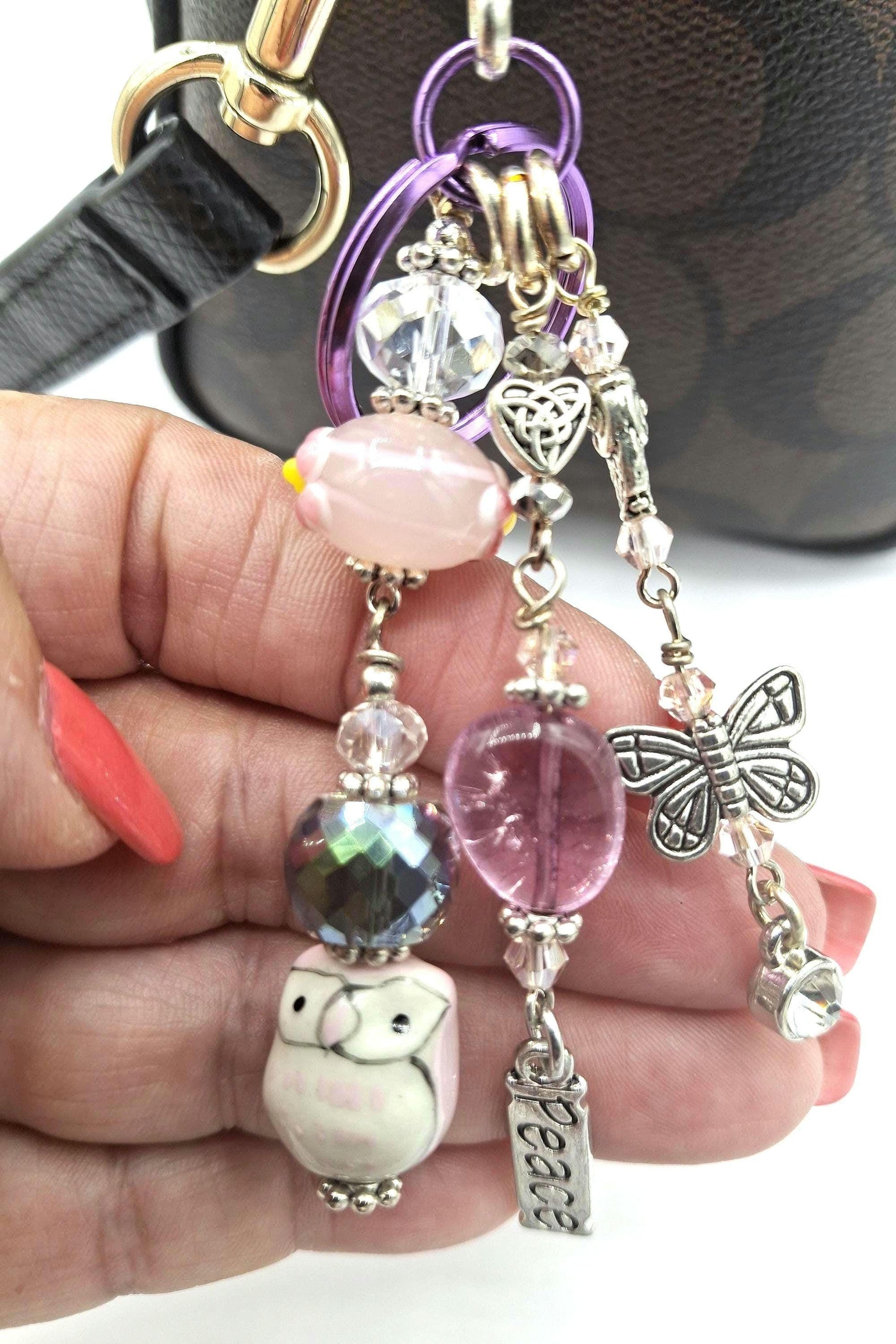 Whimsical, Purple, green and pink beaded Butterfly, Peace Charm Key Chain, Purse Charm