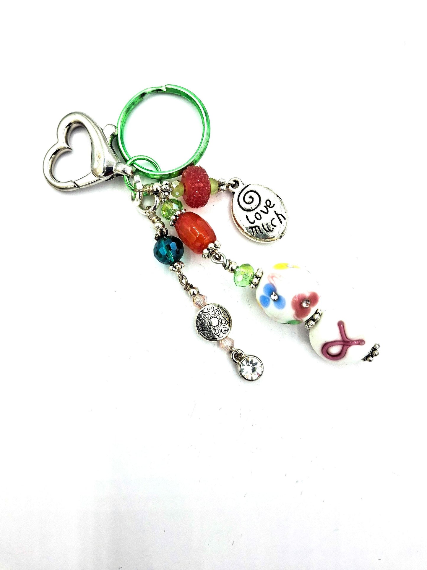 Whimsical, pink, green, Love Much charm beaded Candy Colors Key Chain, Purse Charm