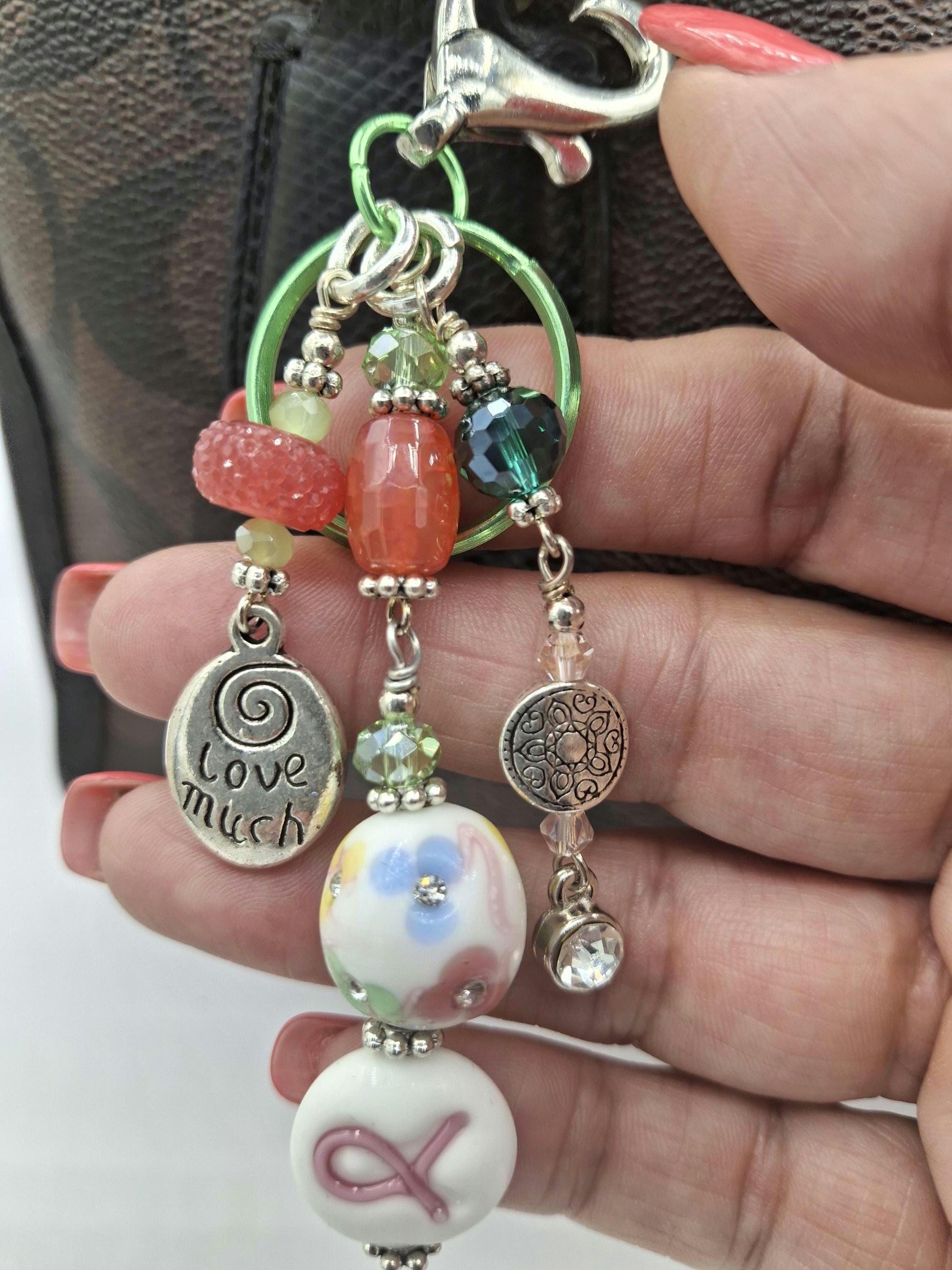 Whimsical, pink, green, Love Much charm beaded Candy Colors Key Chain, Purse Charm