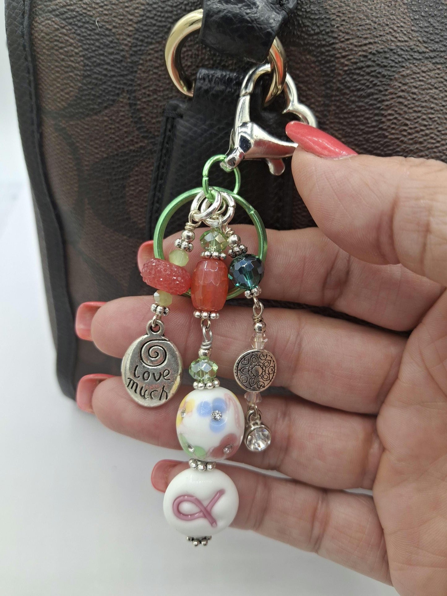 Whimsical, pink, green, Love Much charm beaded Candy Colors Key Chain, Purse Charm