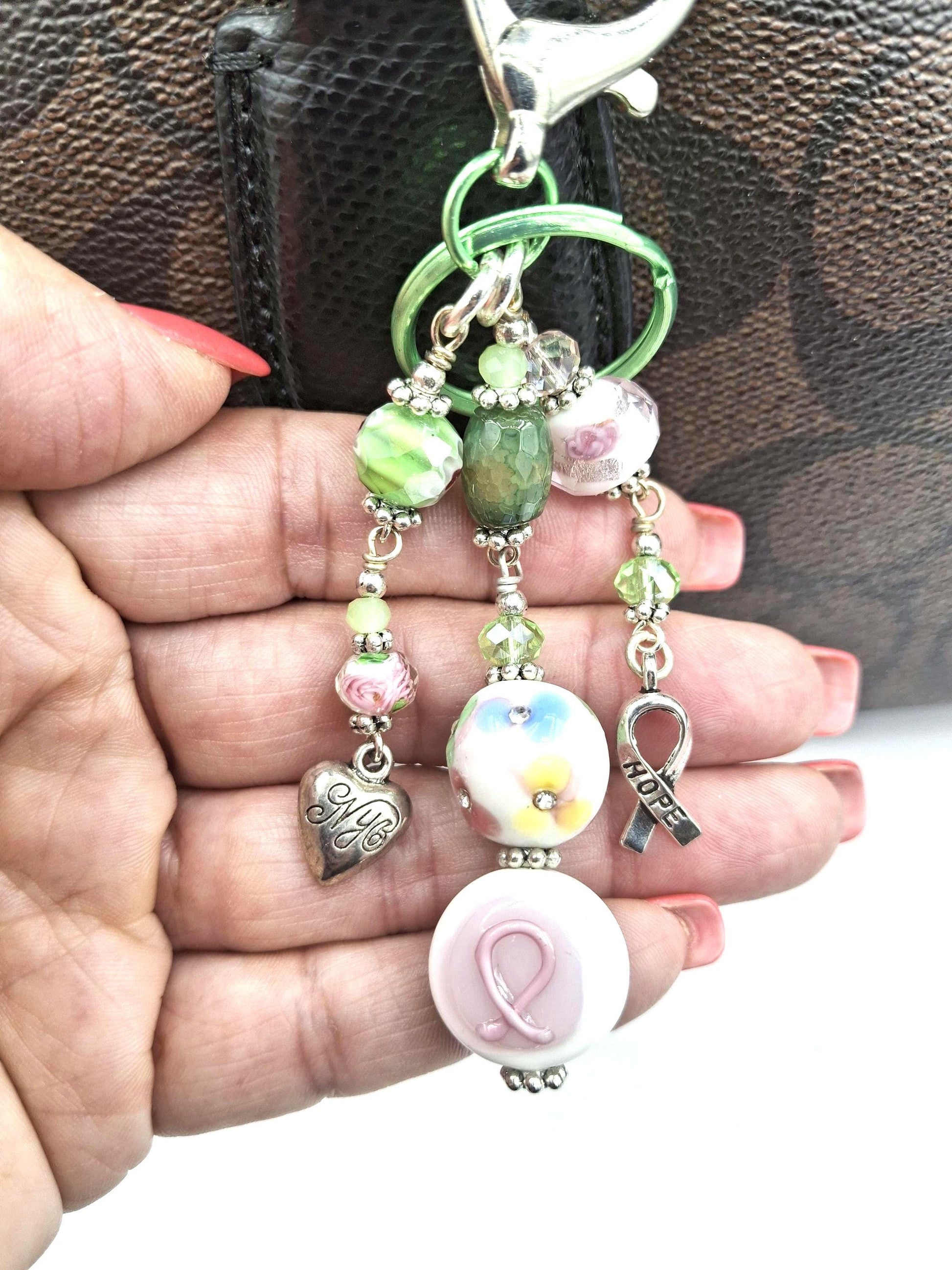 Whimsical, Green and pink beaded Heart Charm, Candy Colors Key Chain, Purse Charm