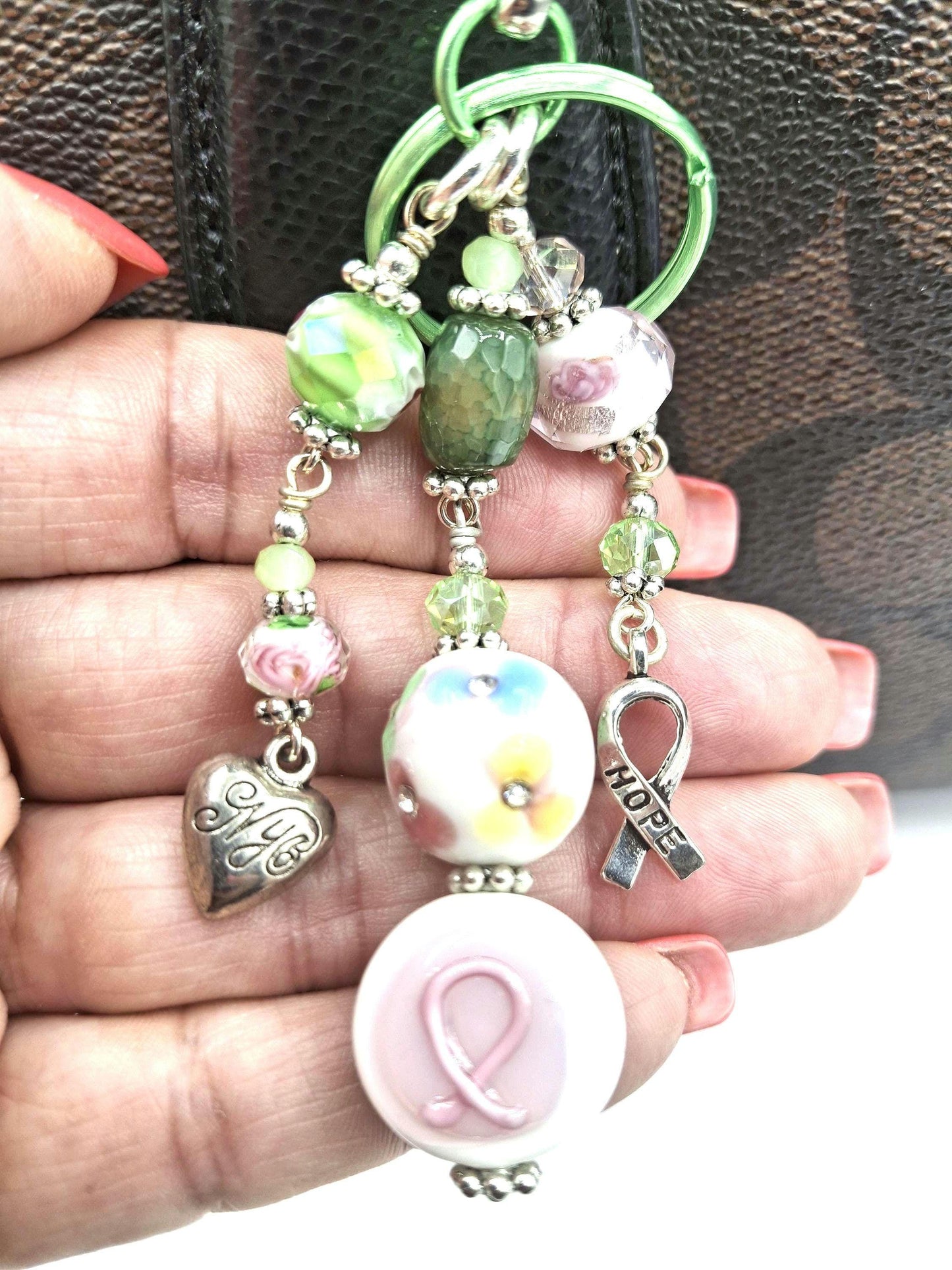 Whimsical, Green and pink beaded Heart Charm, Candy Colors Key Chain, Purse Charm