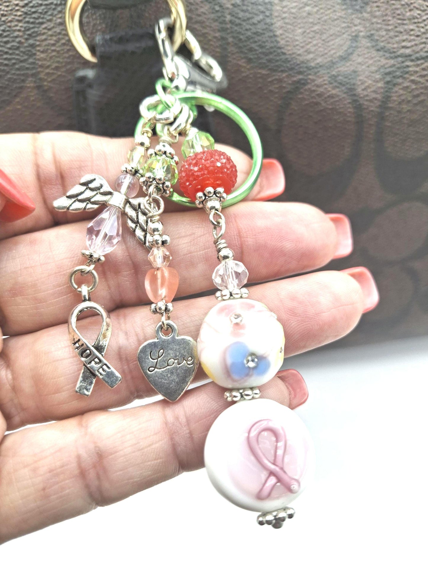 Whimsical, pink, green, Angel charm beaded Candy Colors Key Chain, Purse Charm