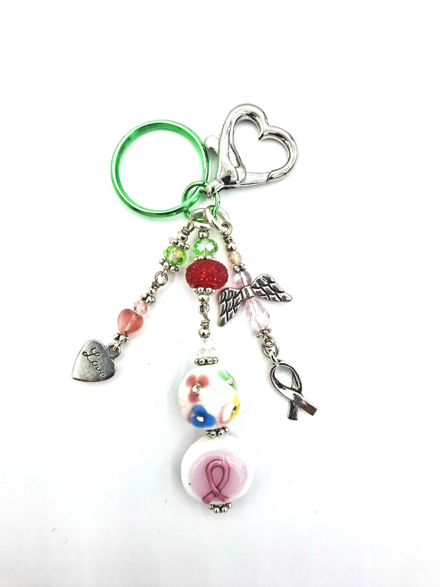 Whimsical, pink, green, Angel charm beaded Candy Colors Key Chain, Purse Charm