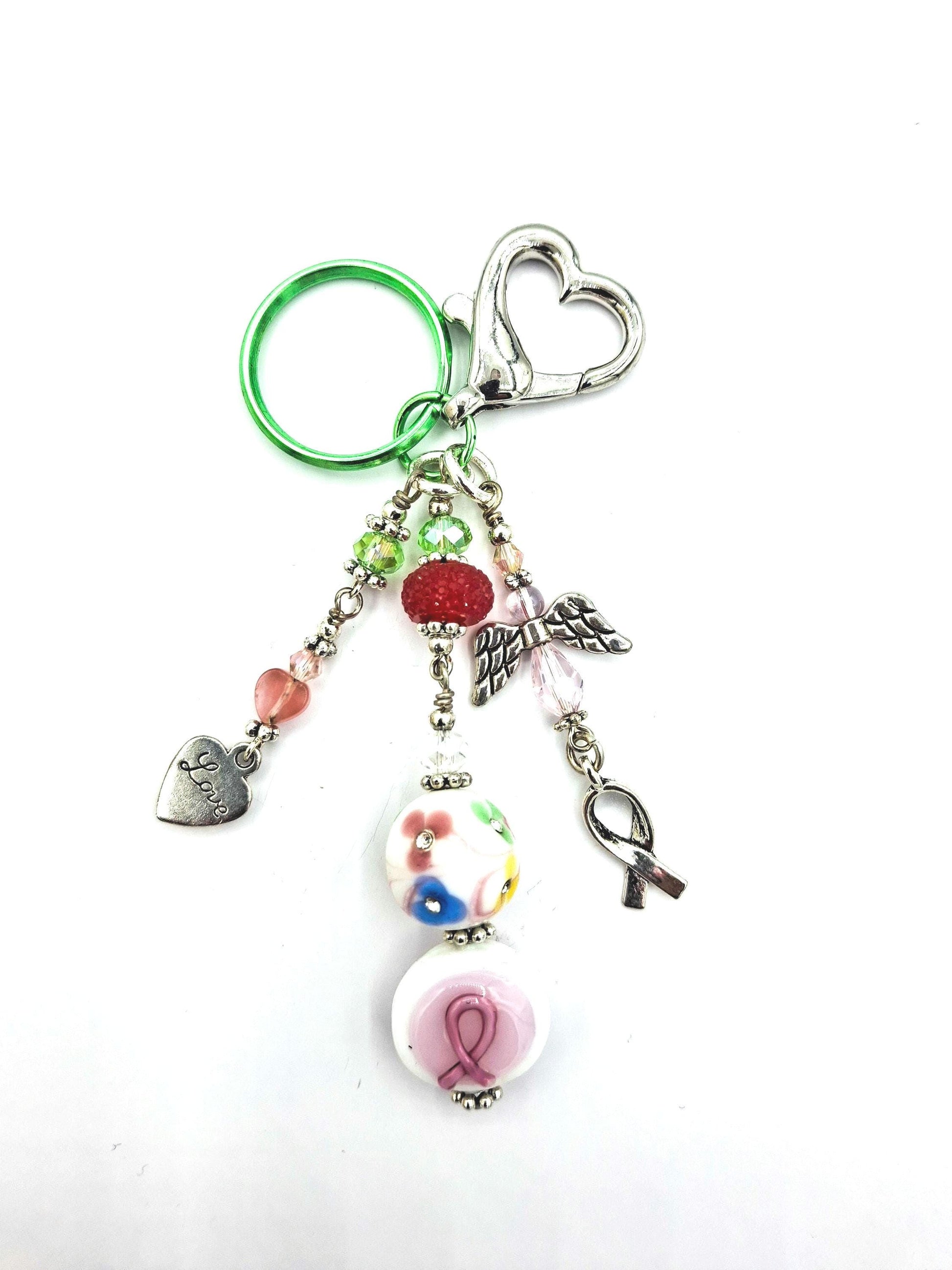Whimsical, pink, green, Angel charm beaded Candy Colors Key Chain, Purse Charm
