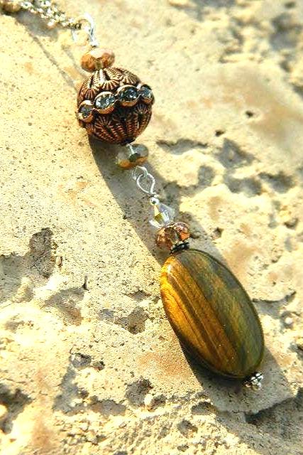 Oval Smooth Tiger Eye Pendant, Bronze Metal accent with Crystals, Sterling silver curb chain, Fashionable Necklace, Trending Necklace