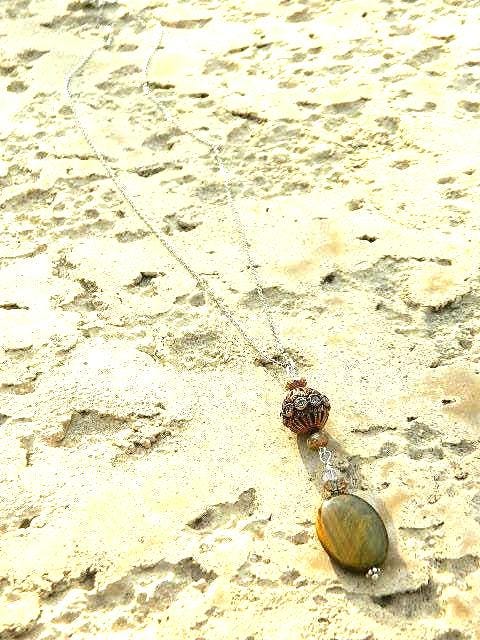 Oval Smooth Tiger Eye Pendant, Bronze Metal accent with Crystals, Sterling silver curb chain, Fashionable Necklace, Trending Necklace