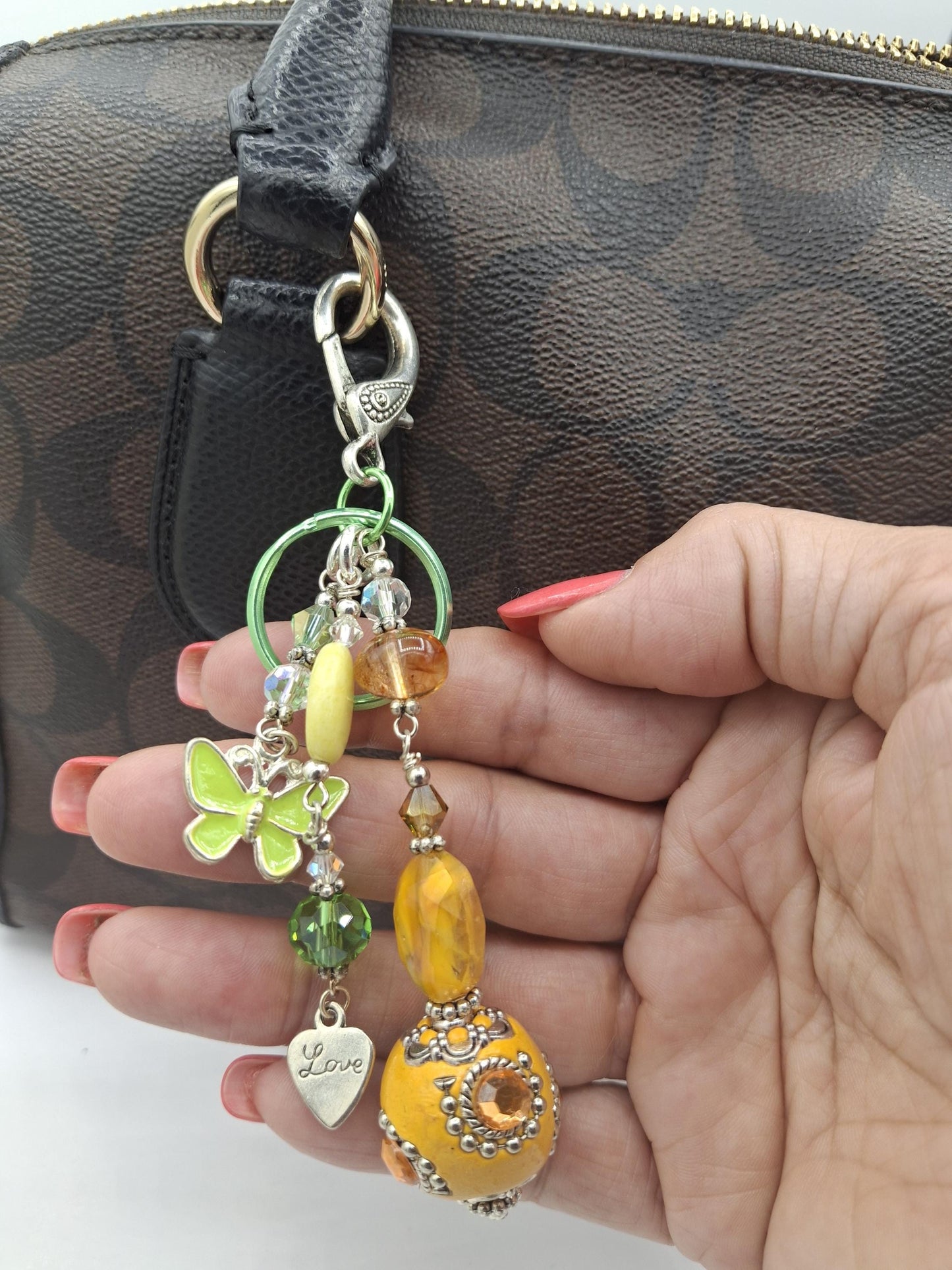 Whimsical, Orange, green and pink beaded Butterfly, Key Chain, Purse Charm