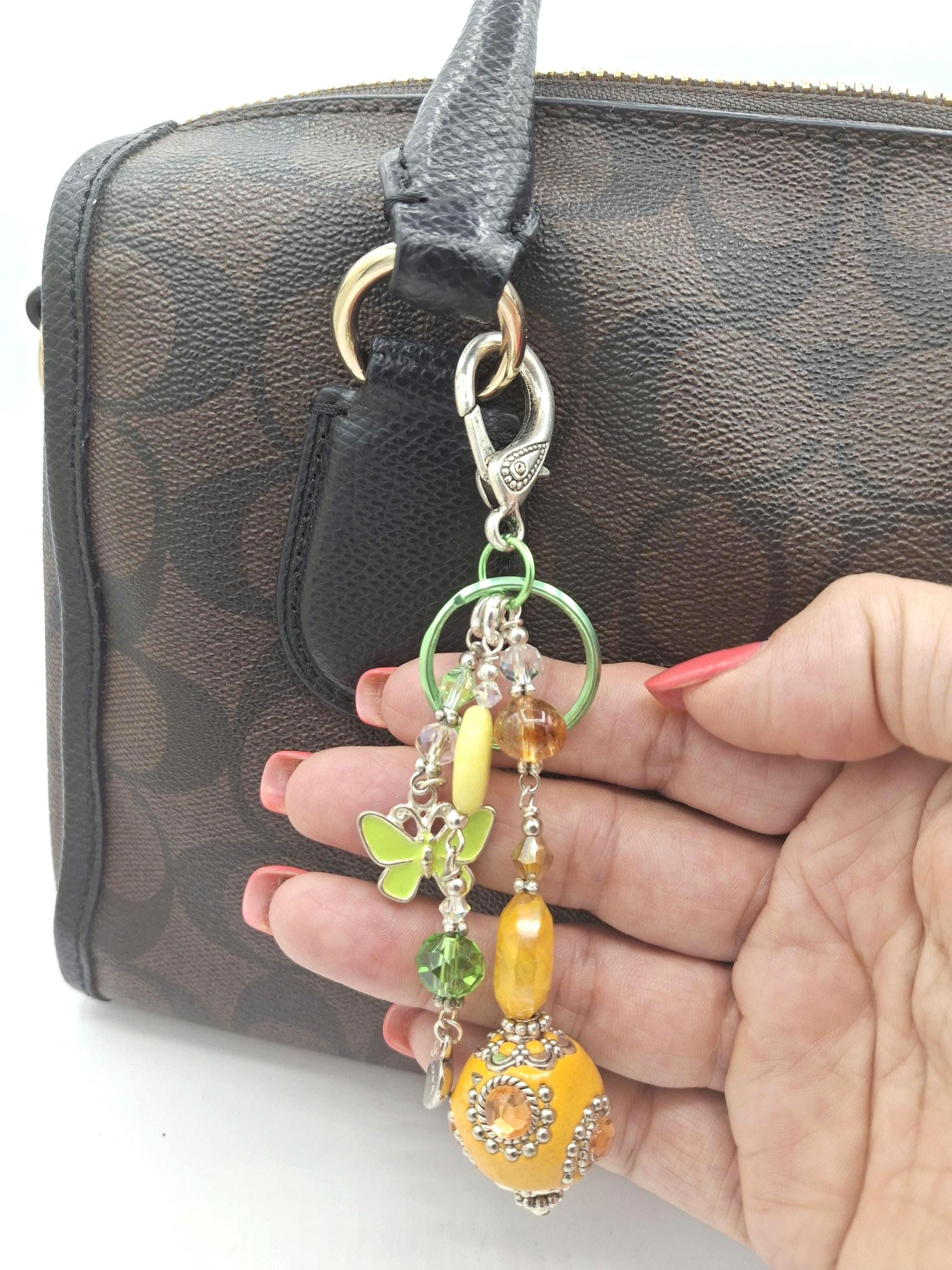 Whimsical, Orange, green and pink beaded Butterfly, Key Chain, Purse Charm