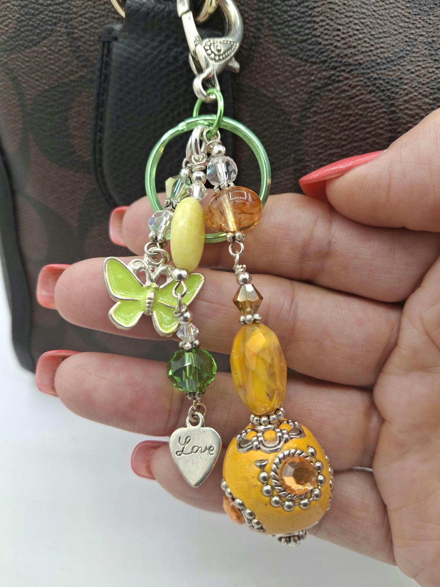 Whimsical, Orange, green and pink beaded Butterfly, Key Chain, Purse Charm