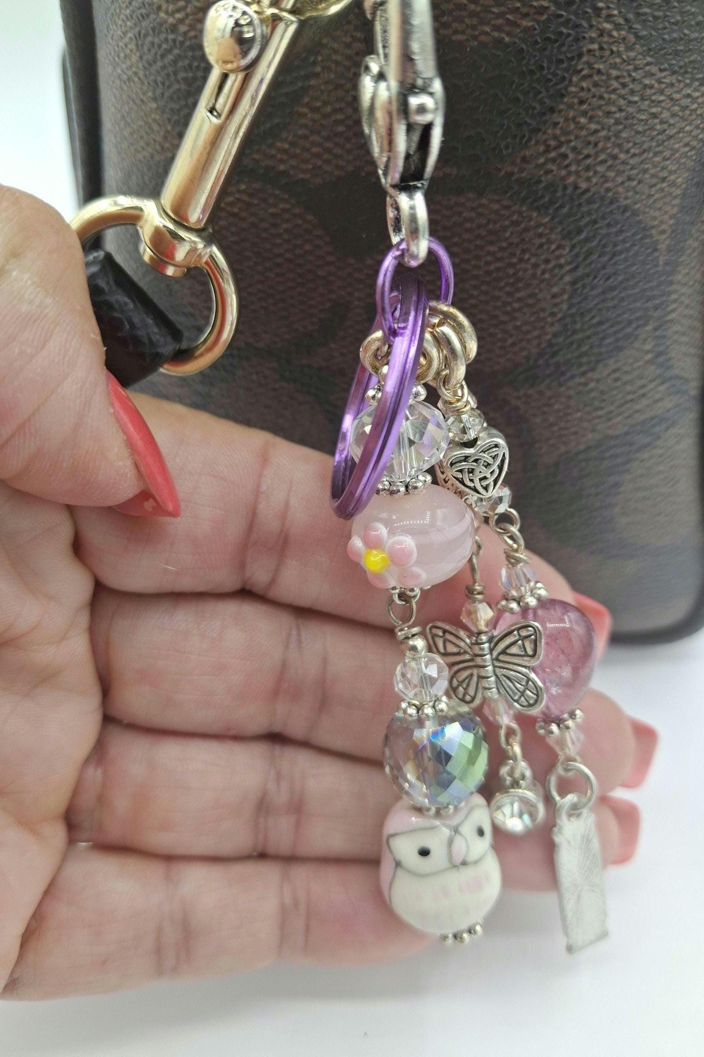Whimsical, Purple, green and pink beaded Butterfly, Peace Charm Key Chain, Purse Charm