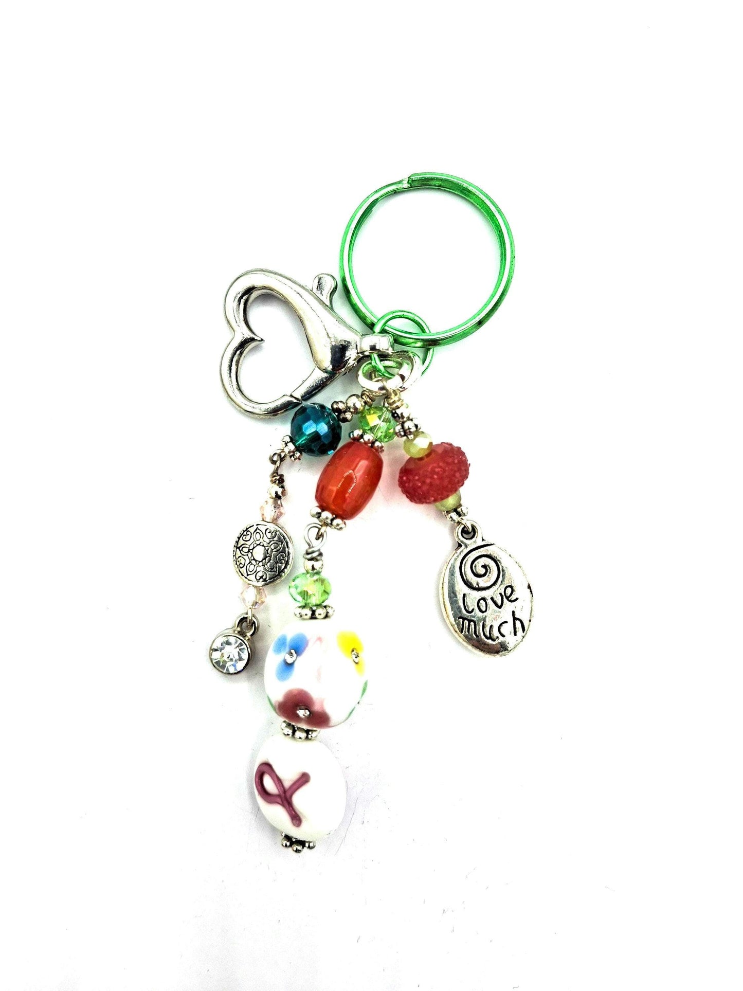 Whimsical, pink, green, Love Much charm beaded Candy Colors Key Chain, Purse Charm